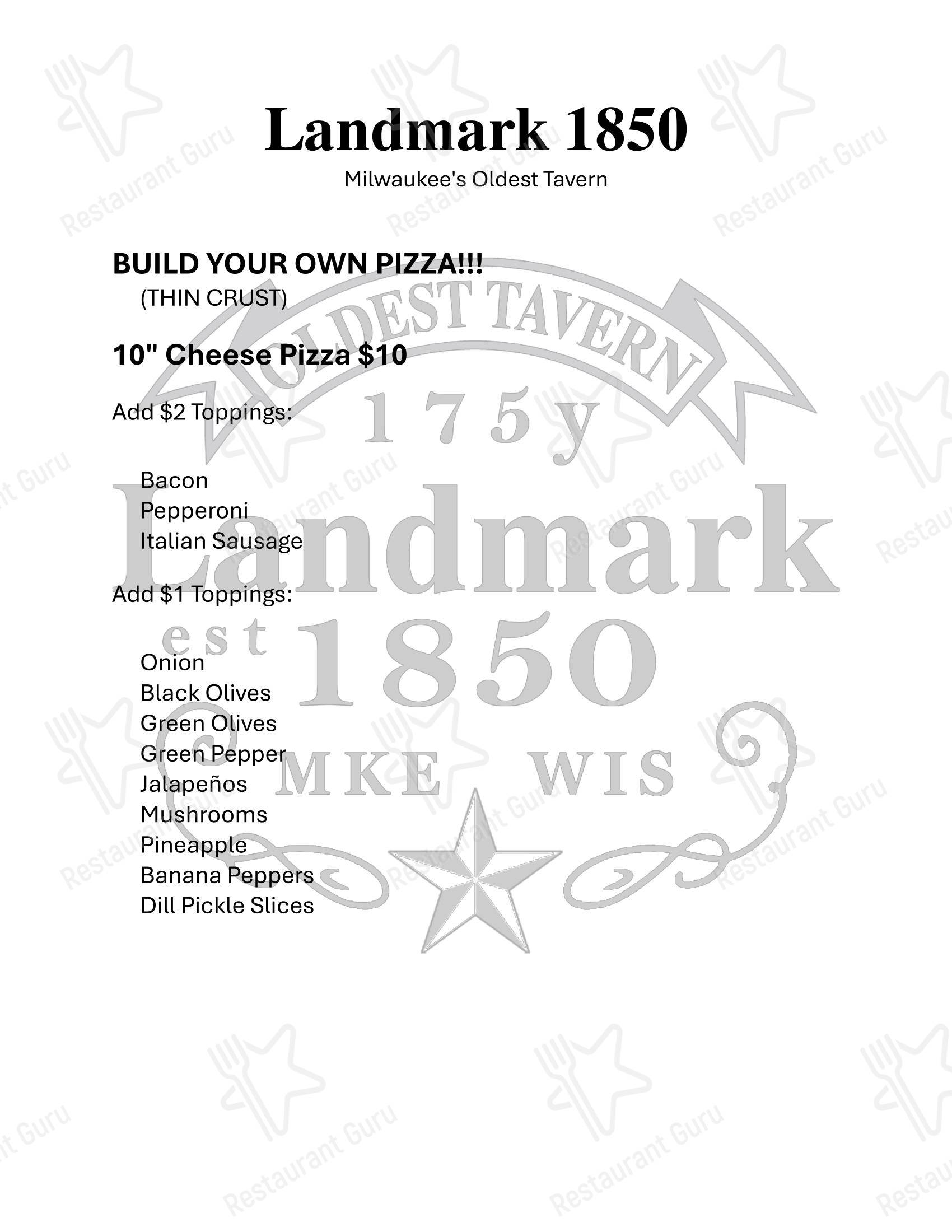 Меню паба и бара Landmark 1850 Milwaukee’s Oldest Tavern - Меню