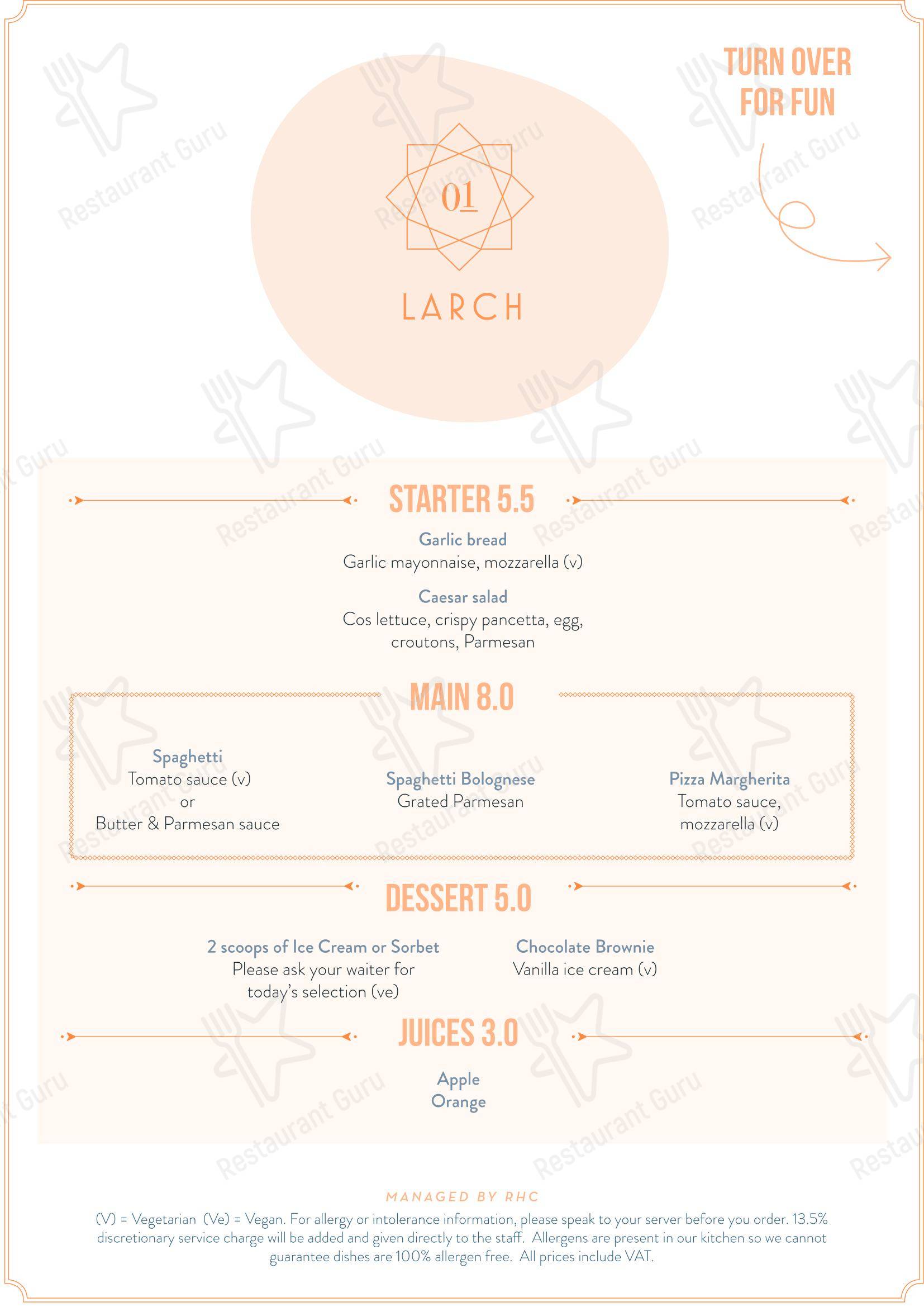 Lunch Menu ресторана Larch