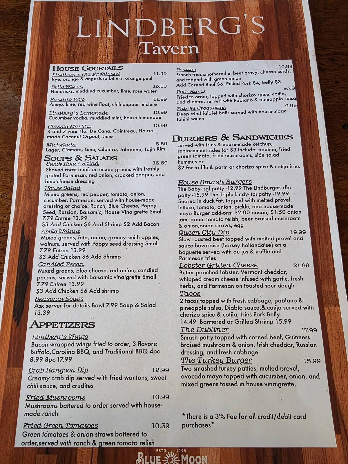 Lindberg's Tavern меню
