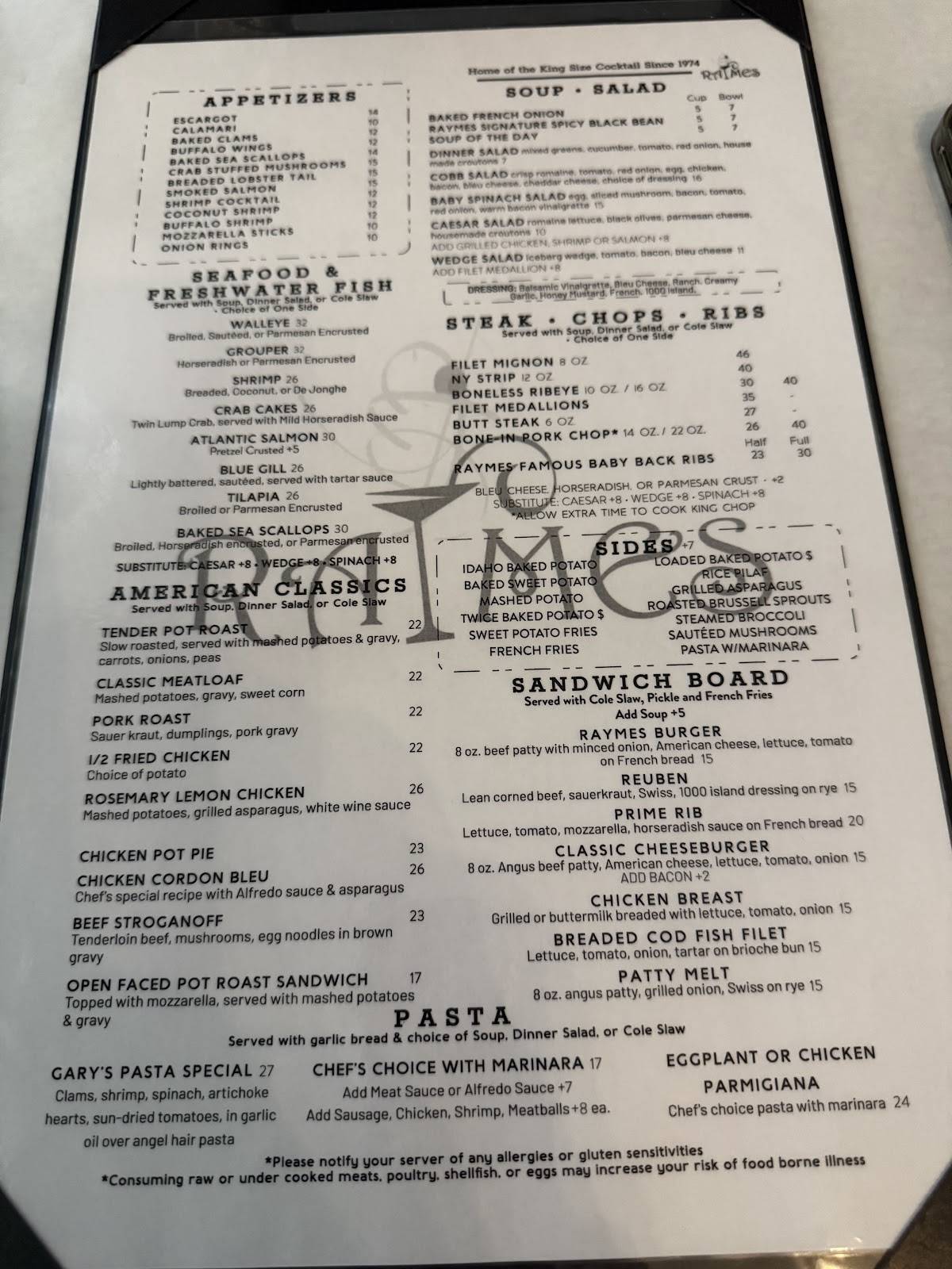 Raymes Steak & Fish House меню