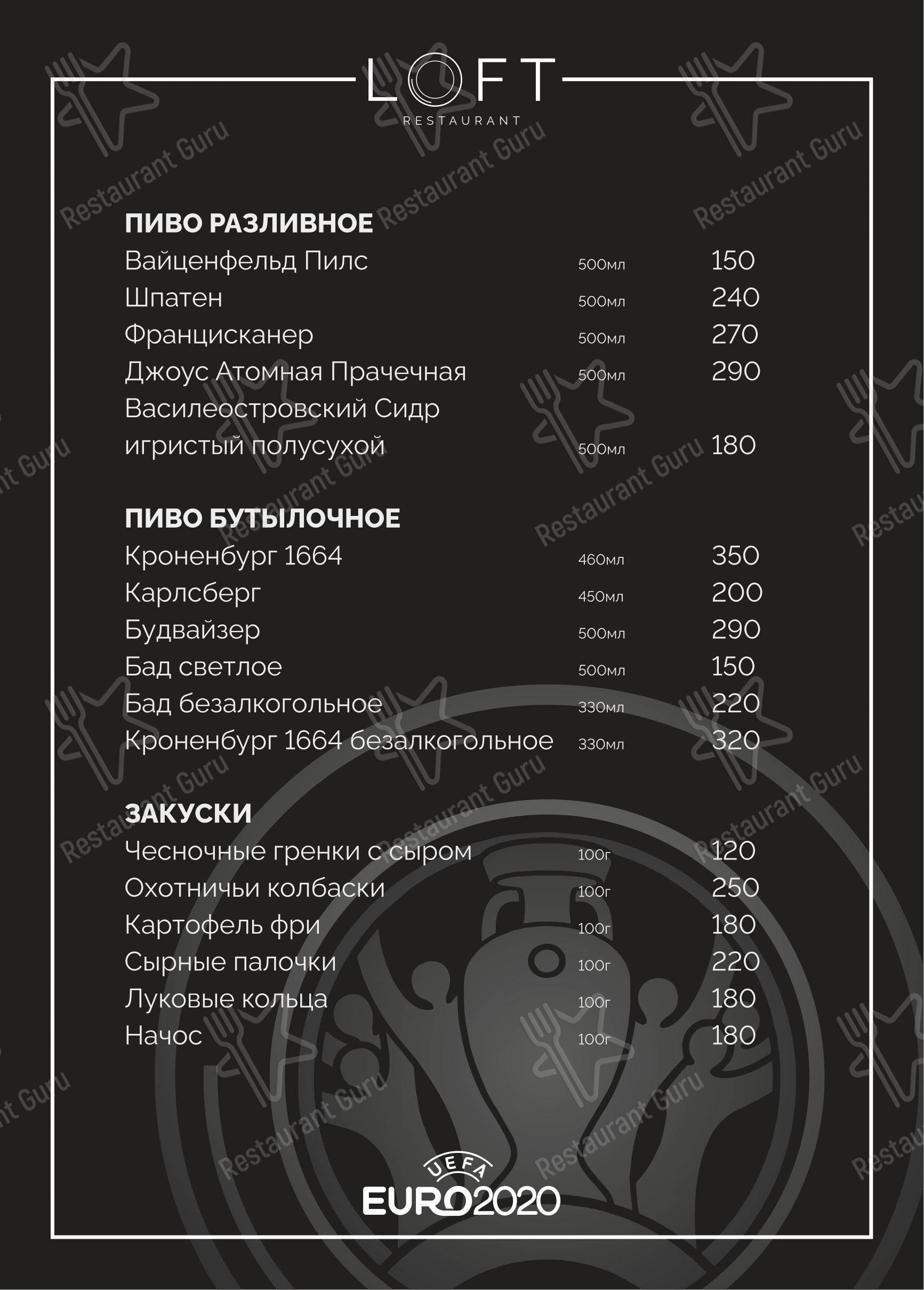Меню Лофт - еда и напитки