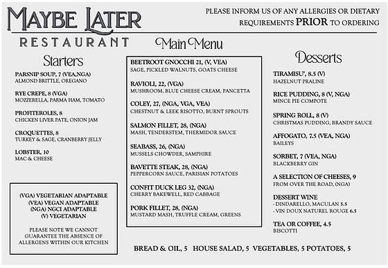 Maybe Later Restaurant меню