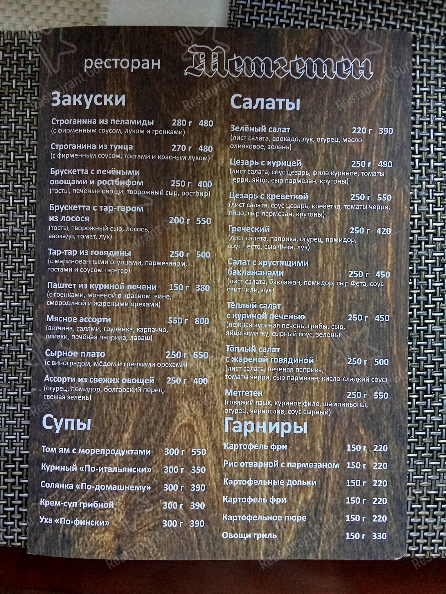 Меню Метгетен - еда и напитки