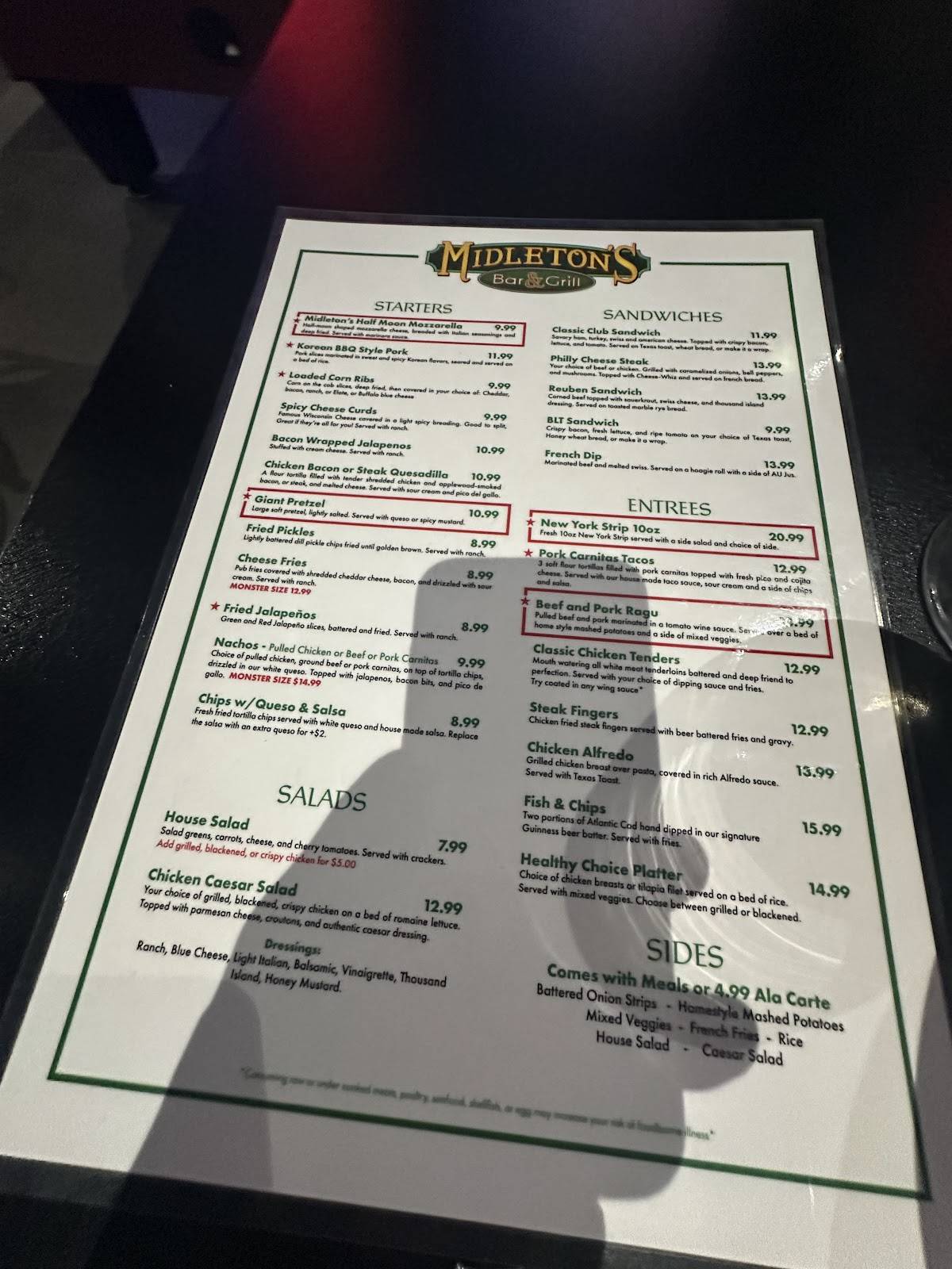 Midleton’s Bar and Grill меню