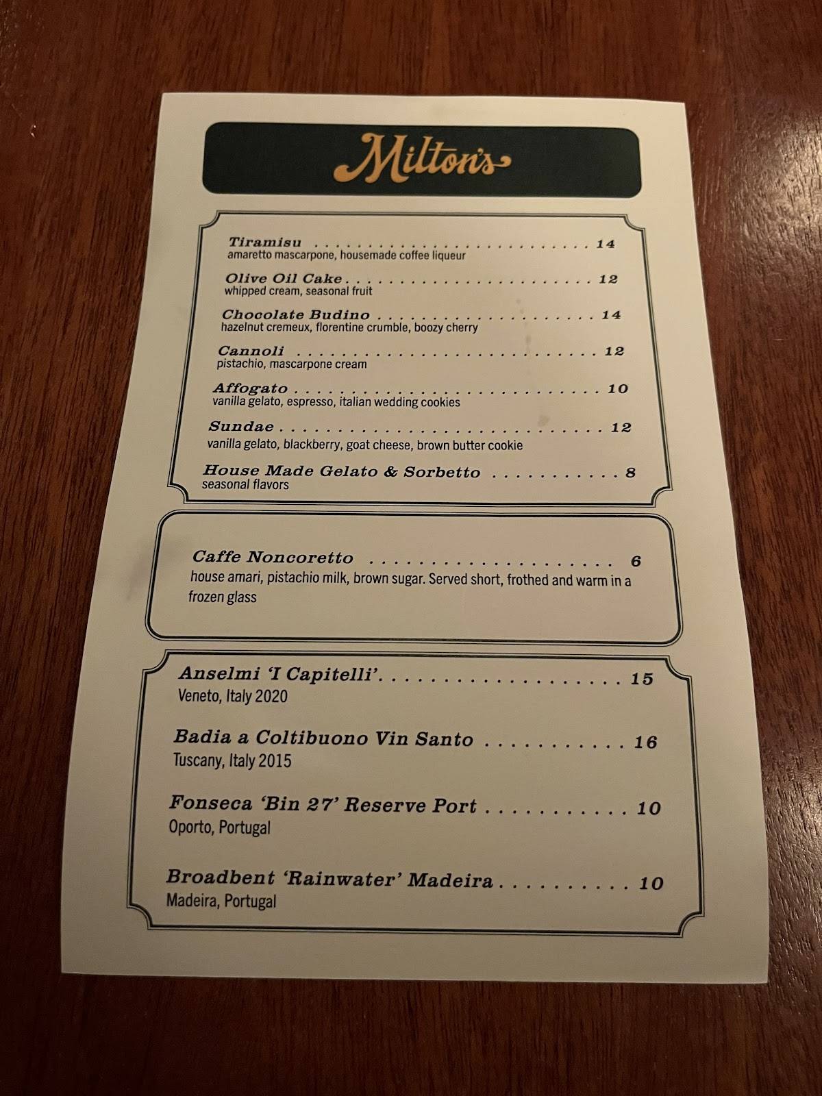 Milton's меню