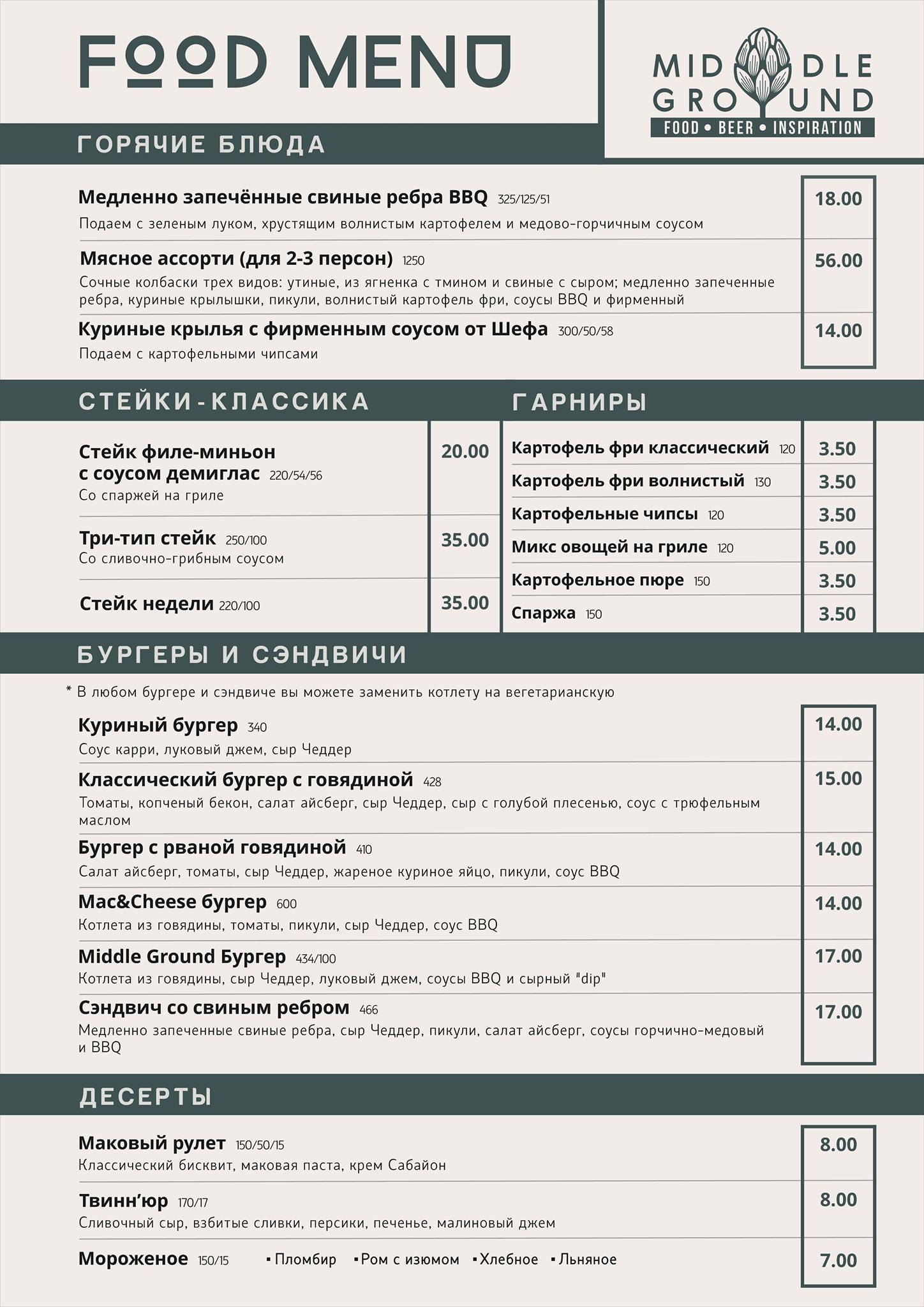 Middle ground меню
