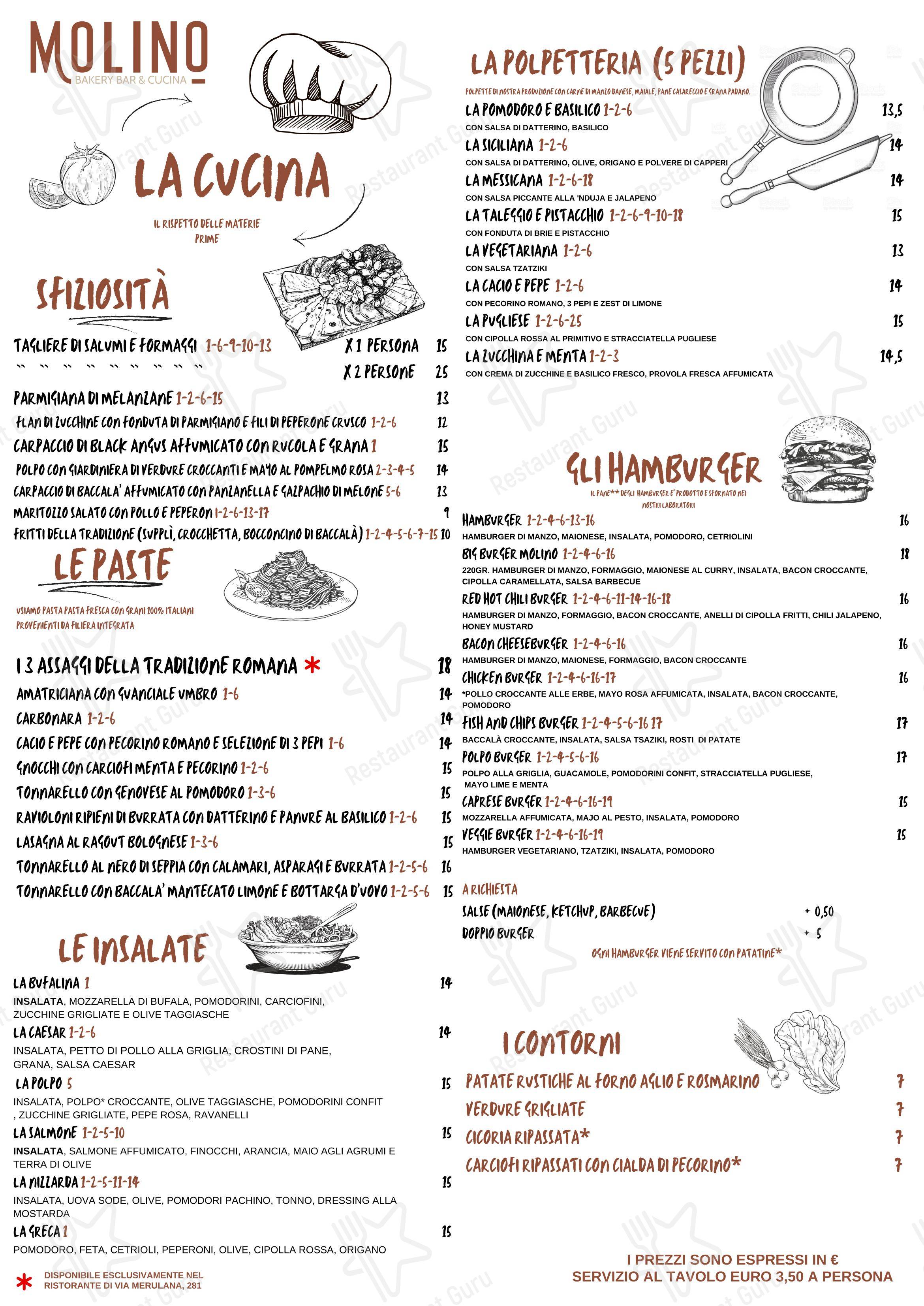 Меню паба и бара Molino bakery bar - Меню