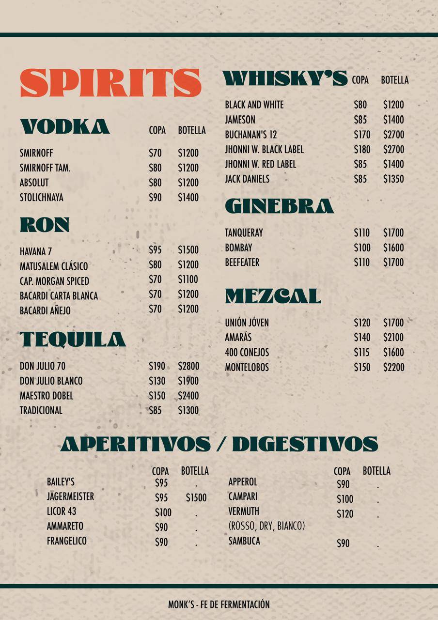 Monk Sportsbar меню