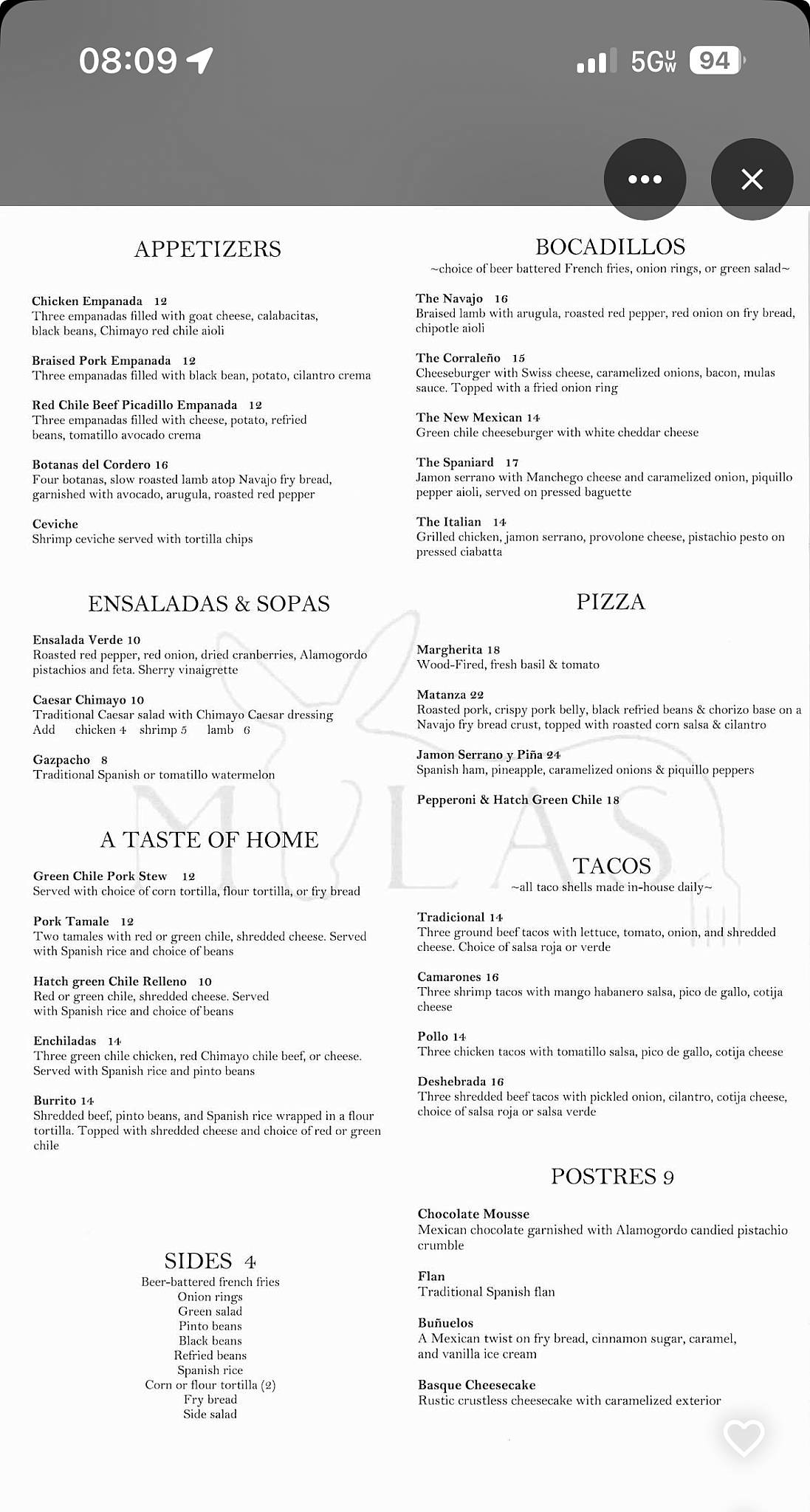 Mulas New Mexican Kitchen and Bar меню