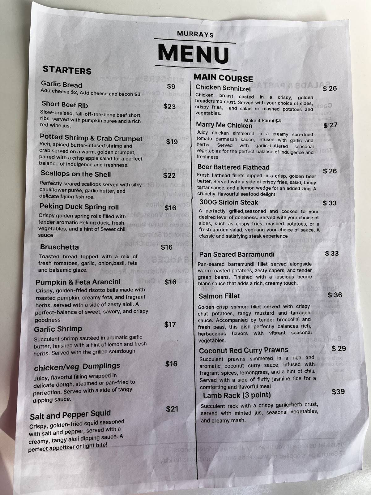 Murrays Restaurant and Cafe меню