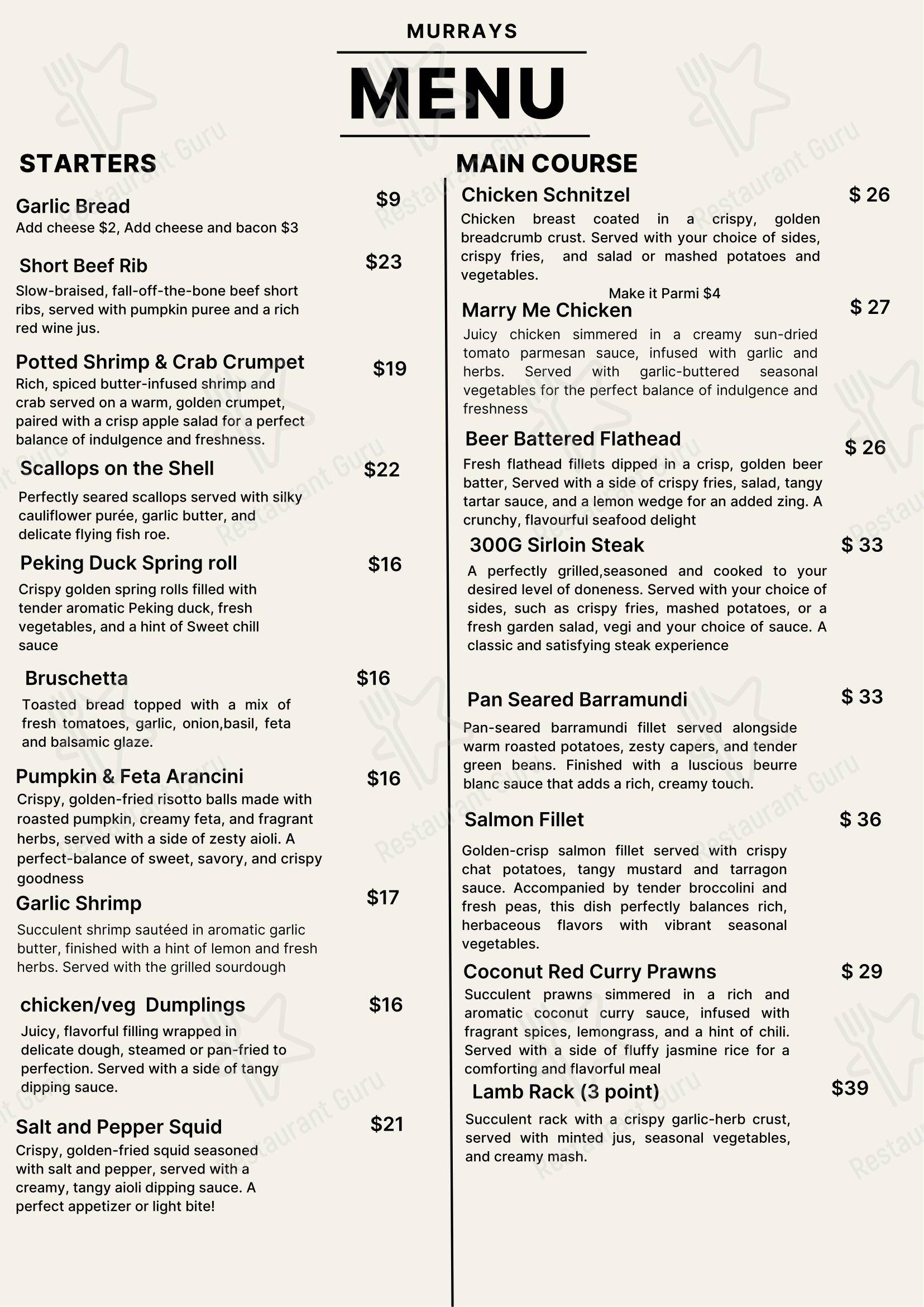 菜单 ресторана Murrays Restaurant and Cafe в Мюррейсе Бич