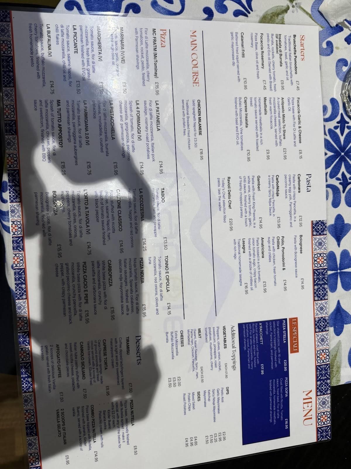 Napole Pizzeria меню
