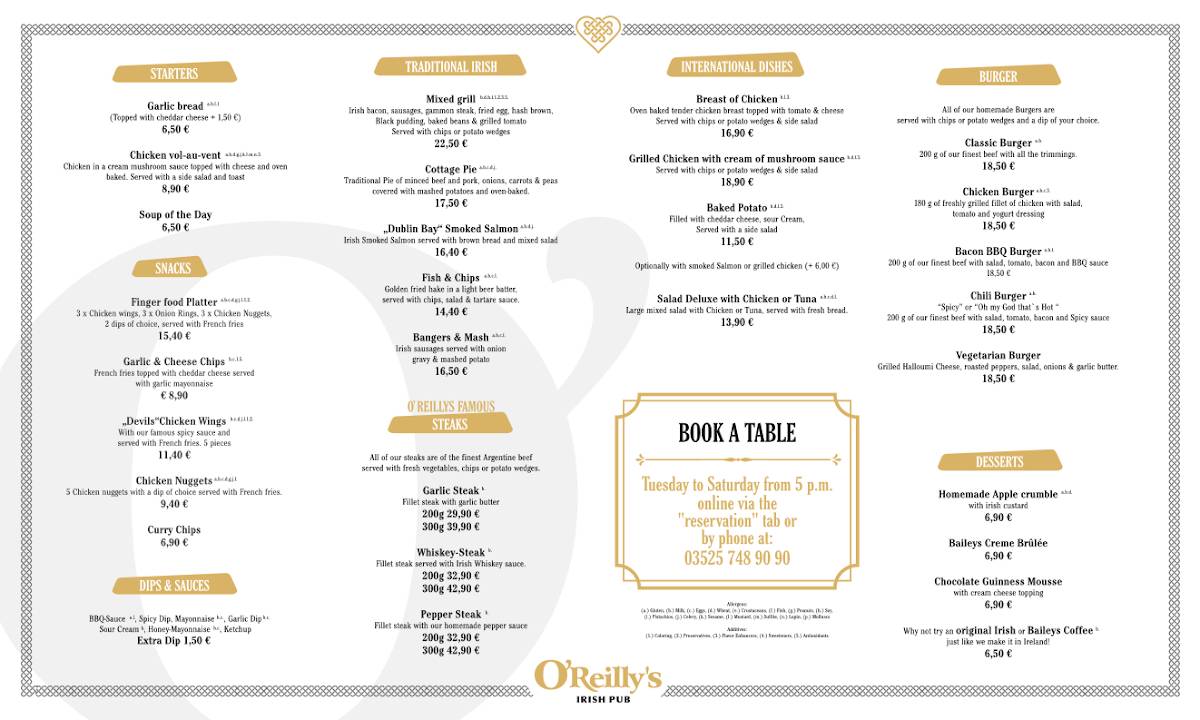 O’Reilly’s Irish Pub меню