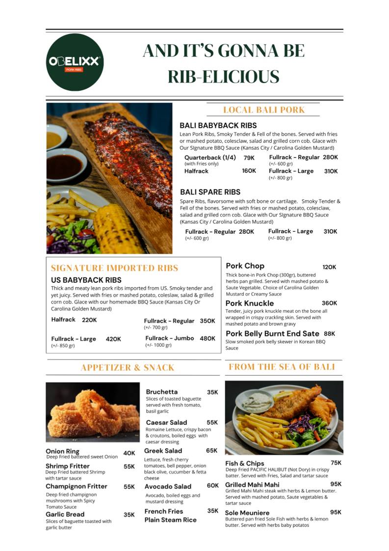 Obelixx – BEST Pork Ribs 豬肋排 폭립 & BBQ in Bali меню
