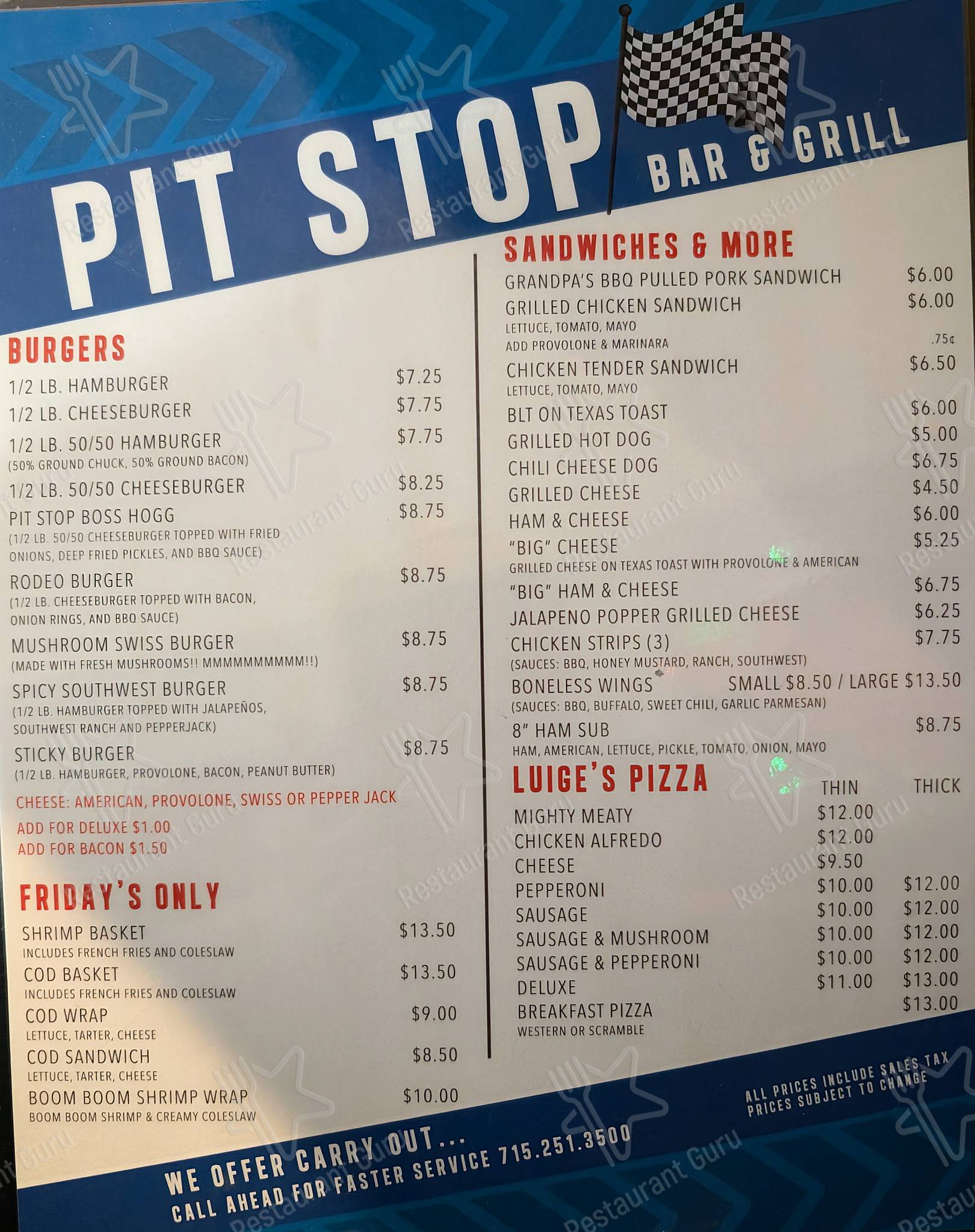 Меню PIT STOP BAR & GRILL - блюда и напитки
