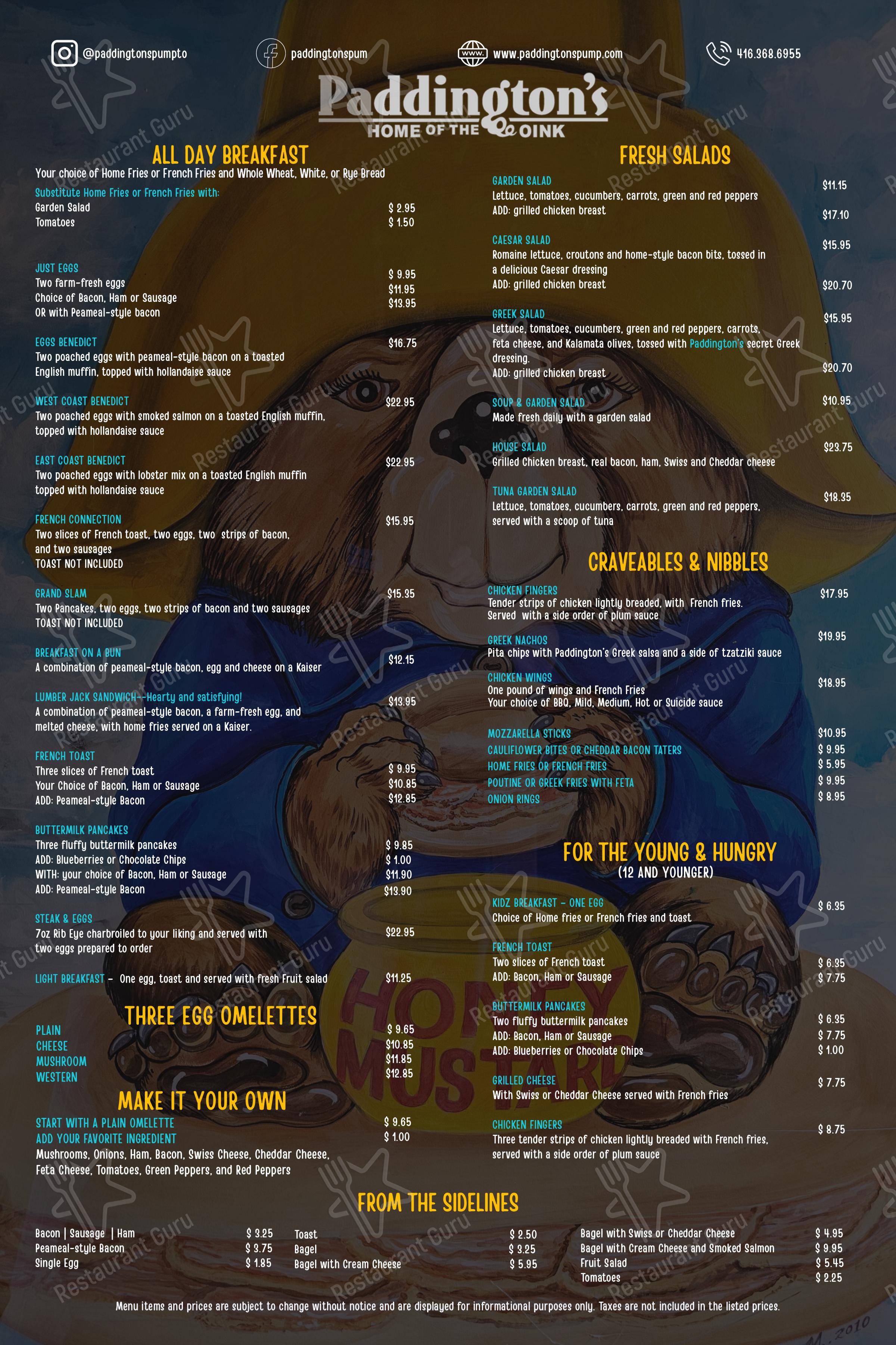 Меню фастфуда Paddington's Pump в Торонто