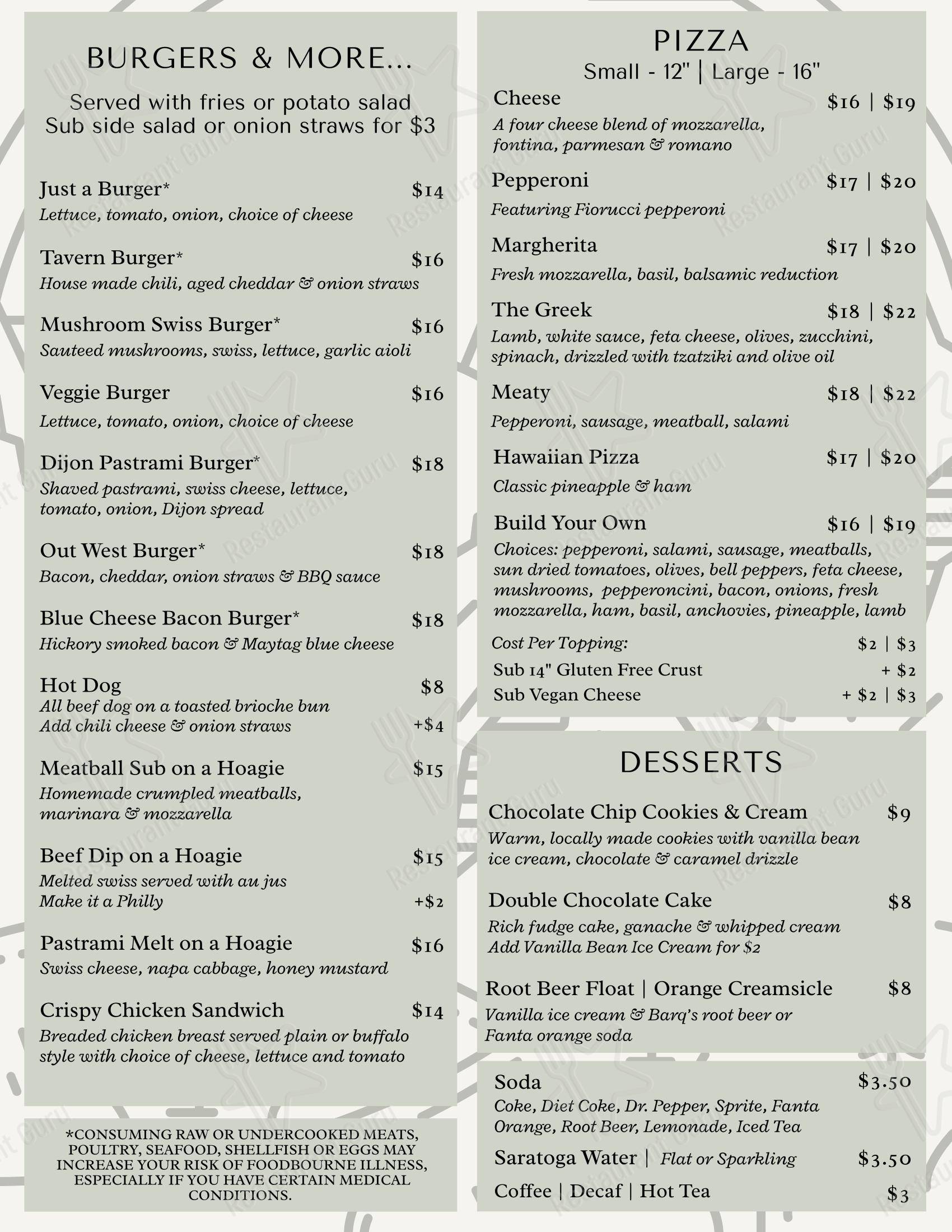 Меню напитков паба и бара Pine Ridge Tavern