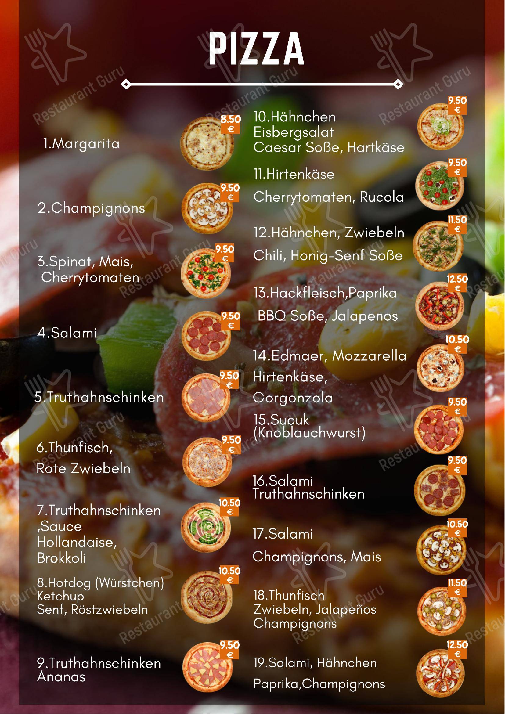 Меню ресторана Pizza M&M в Берлине
