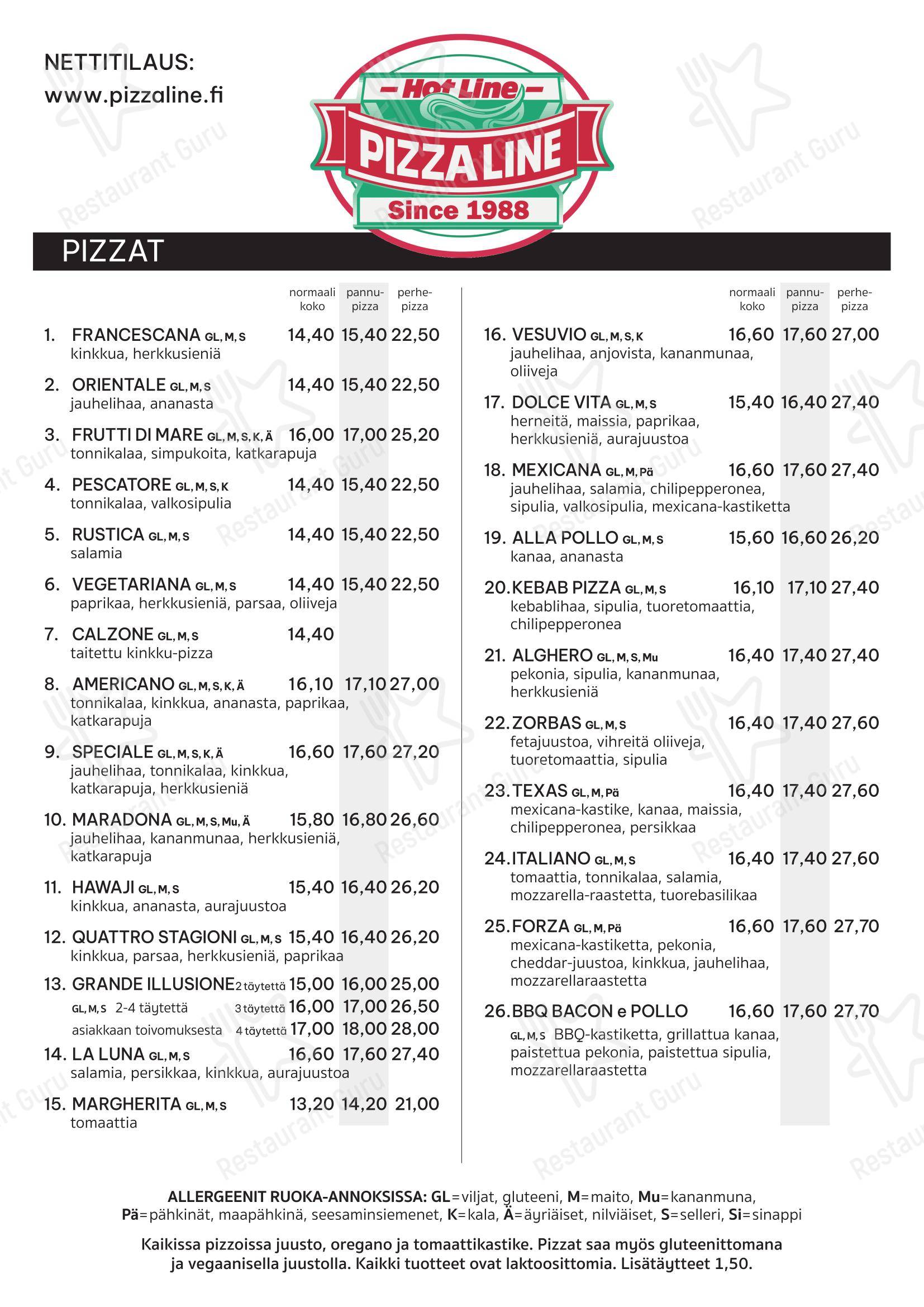 Меню ресторана Pizzaline в Турку