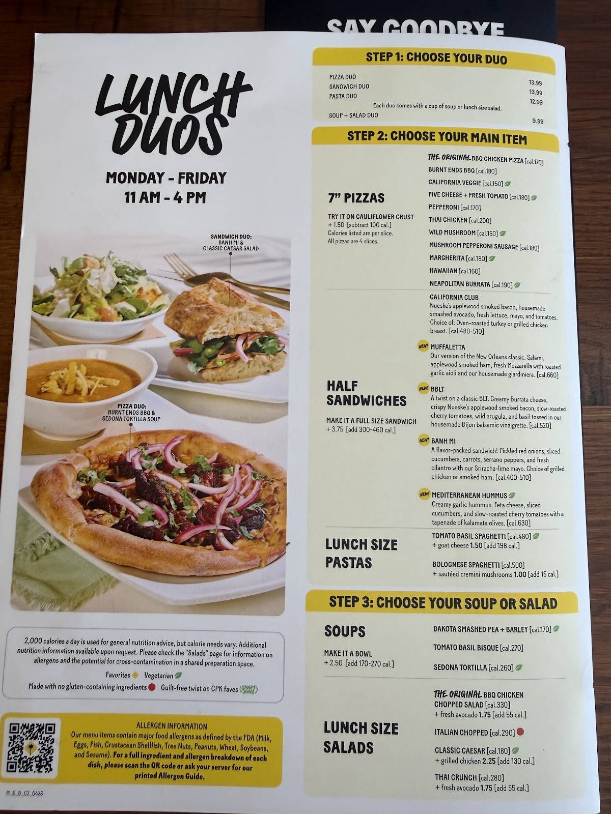 California Pizza Kitchen меню