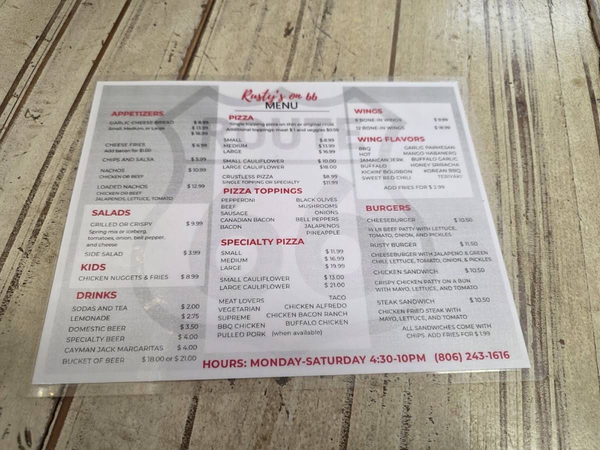 Rusty's on 66 меню