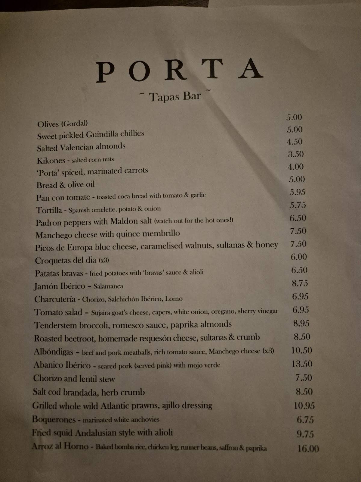 Porta Tapas Bar меню