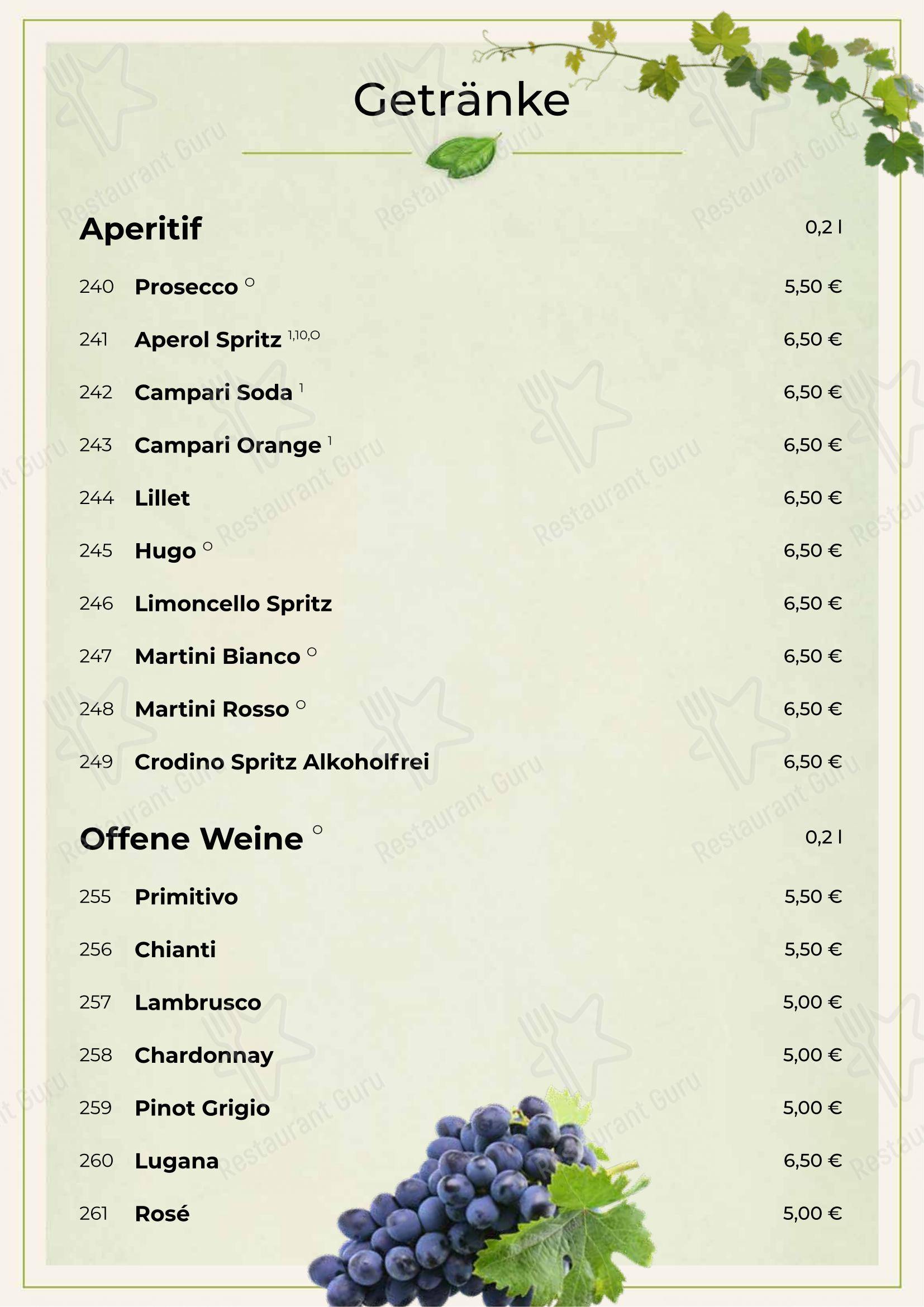 Меню напитков пиццерии Posto Bello Ristorante