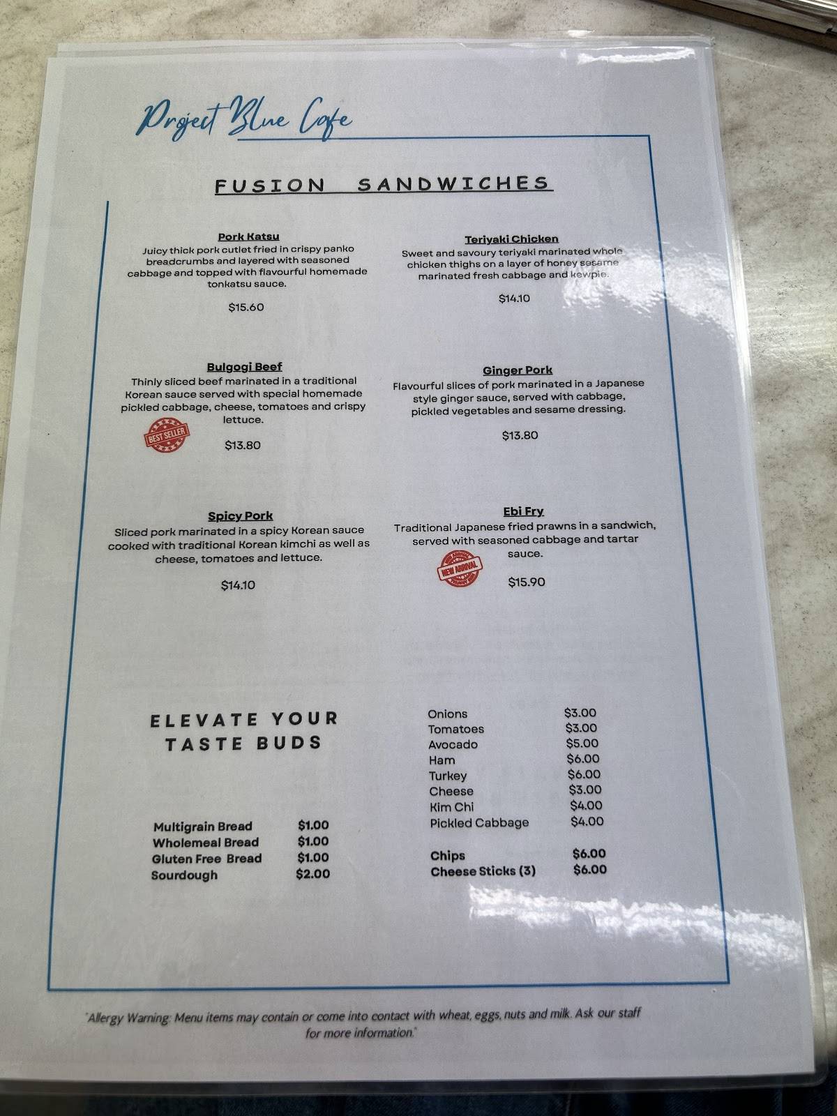 Project Blue Cafe меню