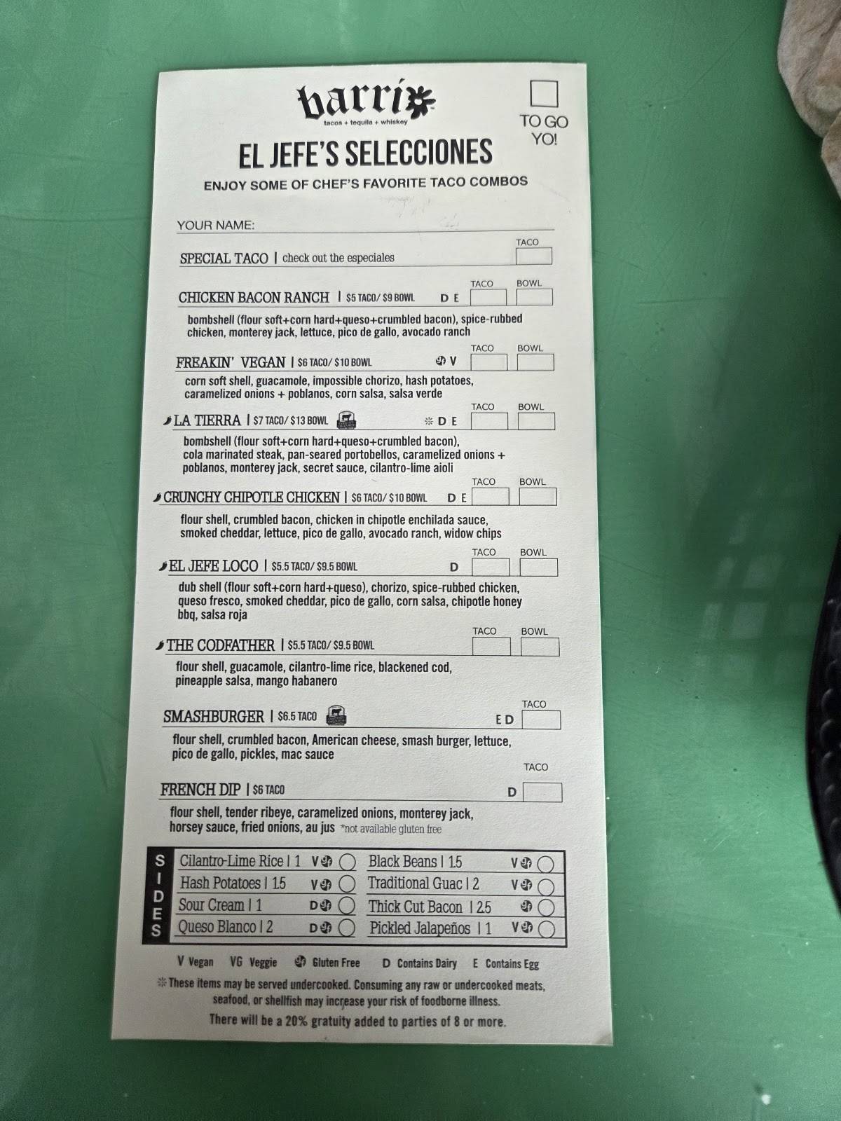 Barrio Tacos Gateway меню