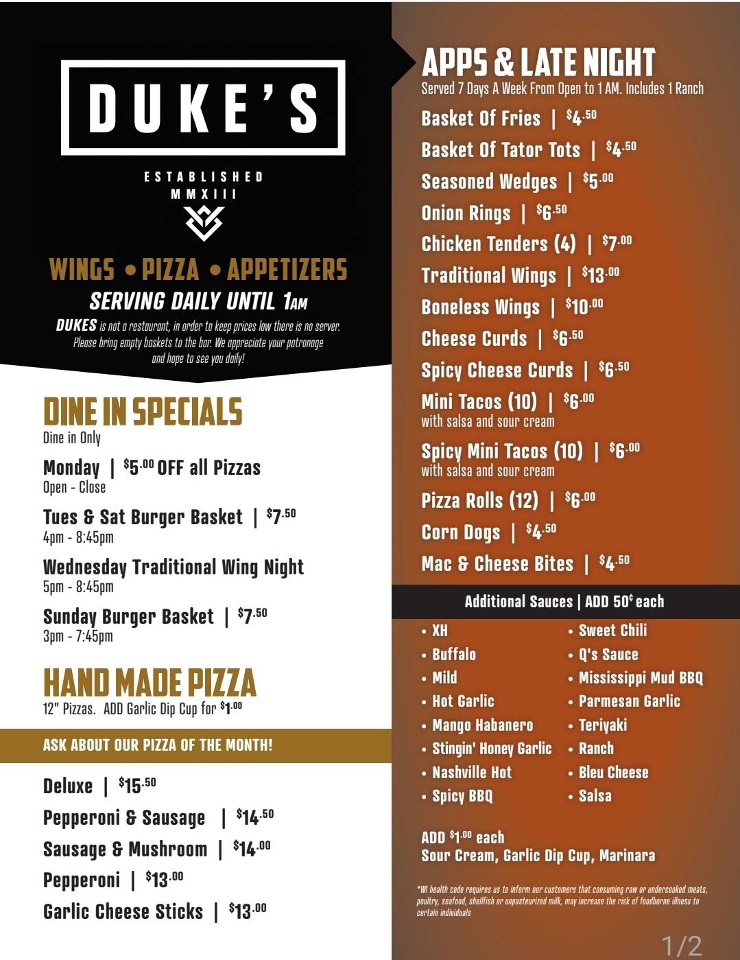 Dukes Food & Spirits меню