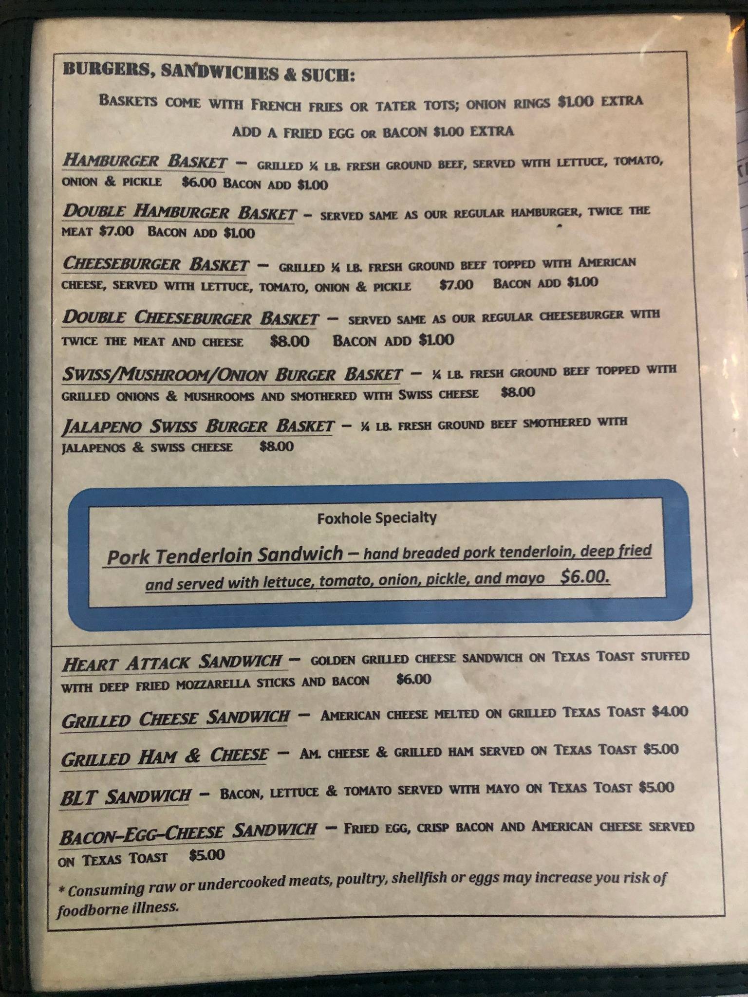 Foxhole Bar and Grill меню