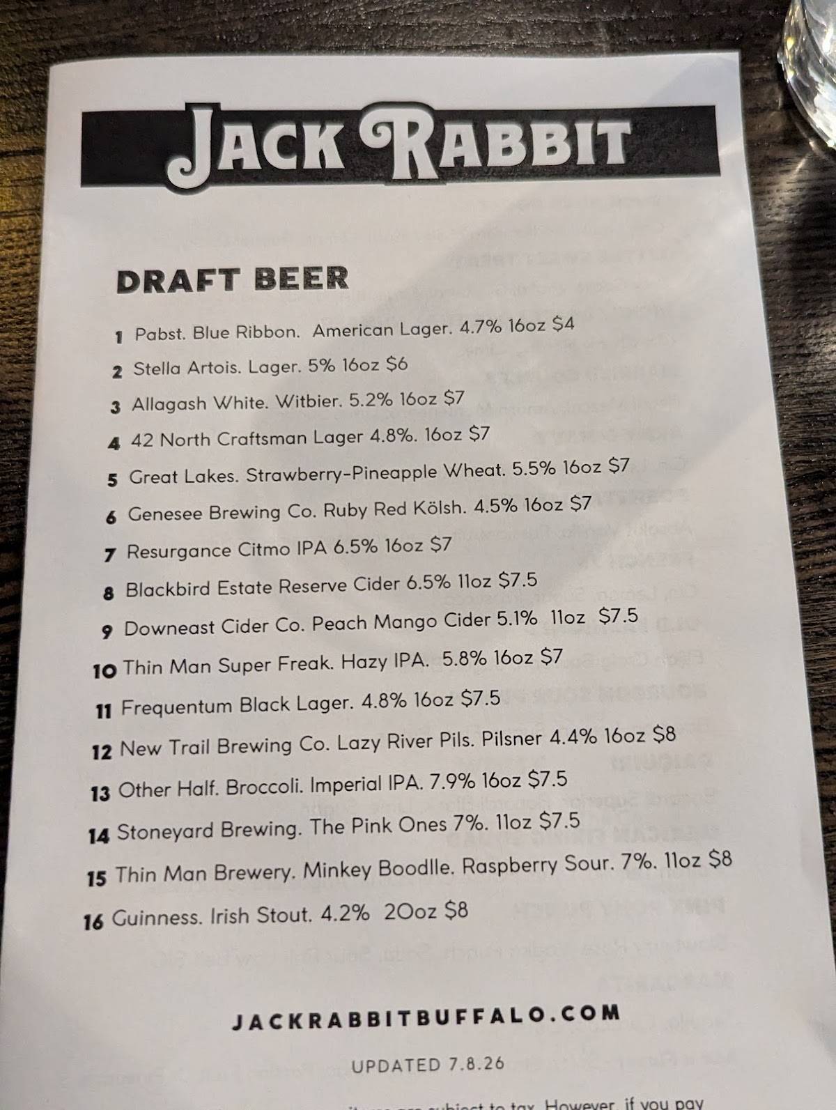 Jack Rabbit меню