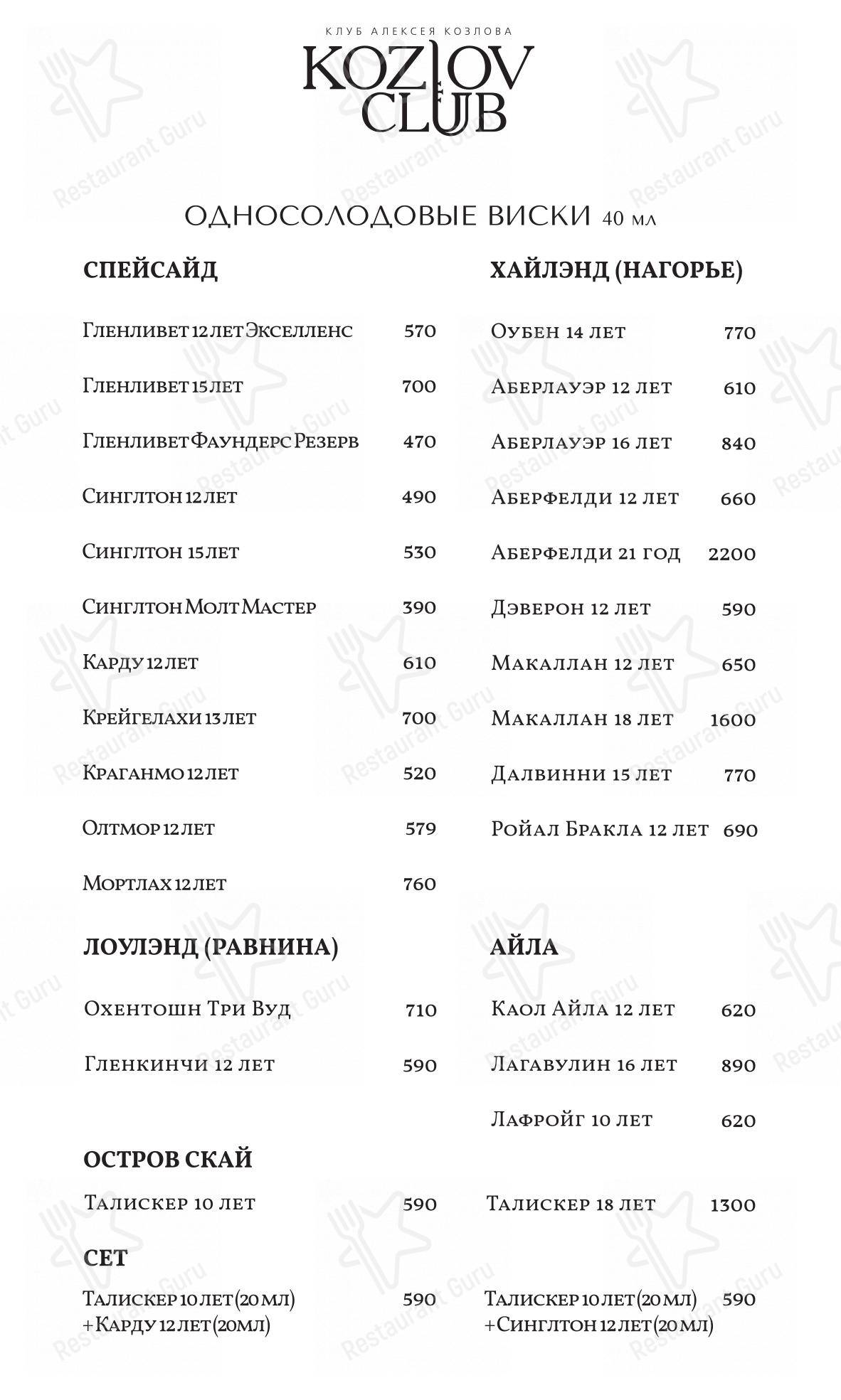Меню Клуб Алексея Козлова - еда и напитки