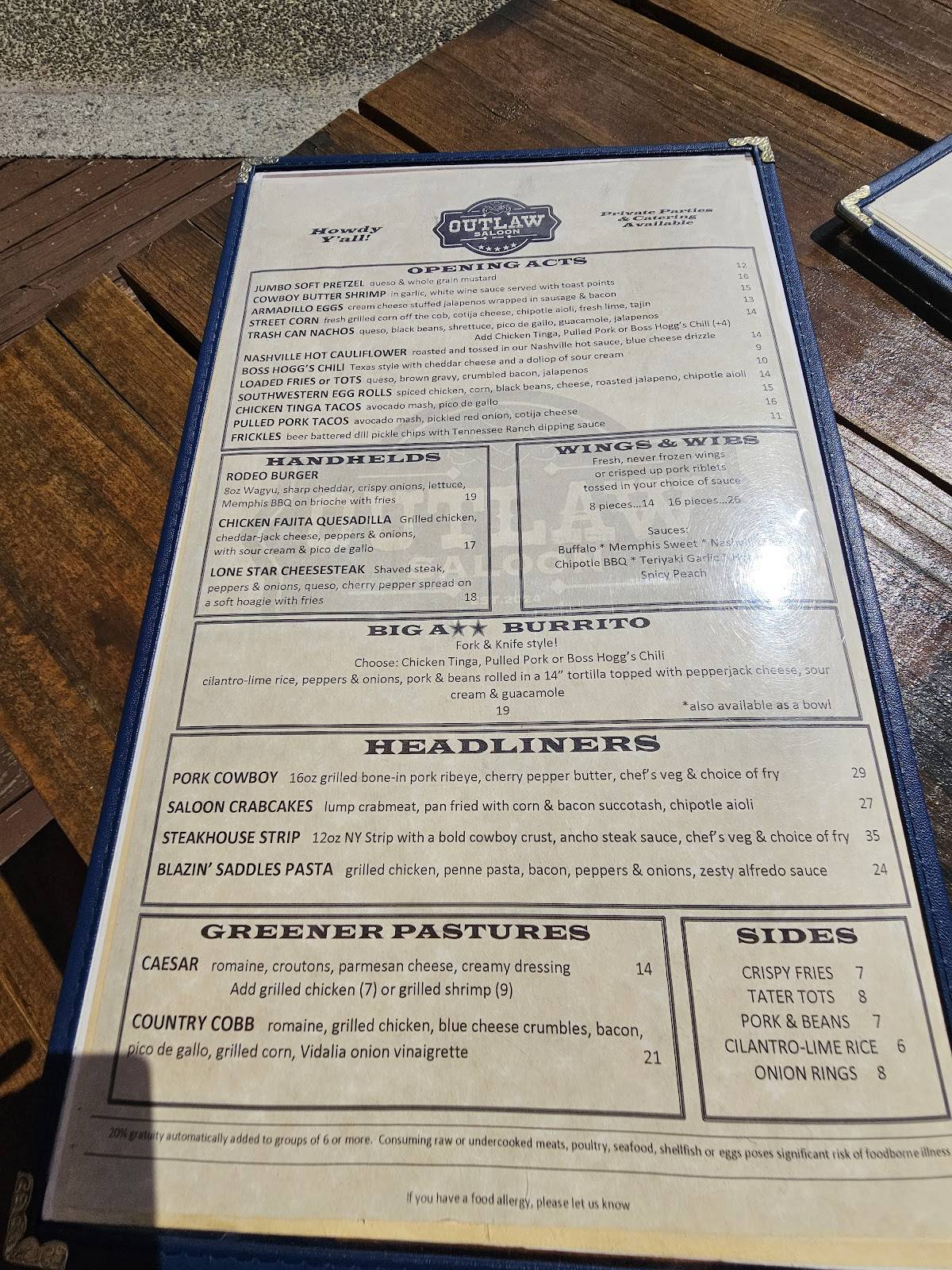 Outlaw Saloon меню