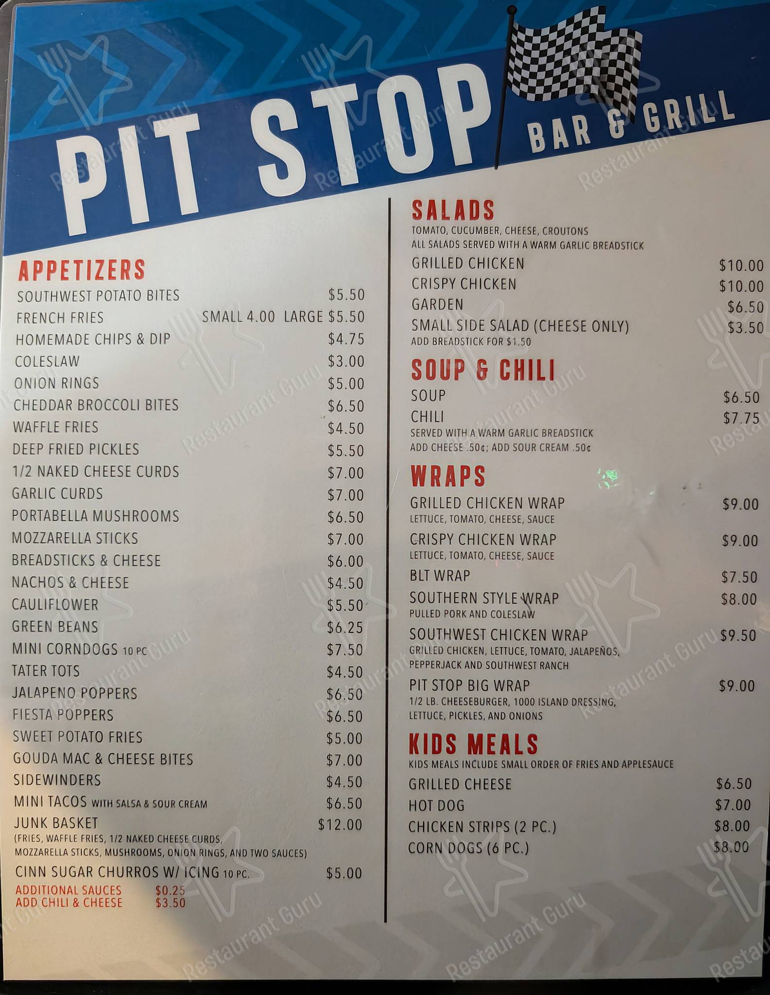 Меню для посетителей паба и бара PIT STOP BAR & GRILL