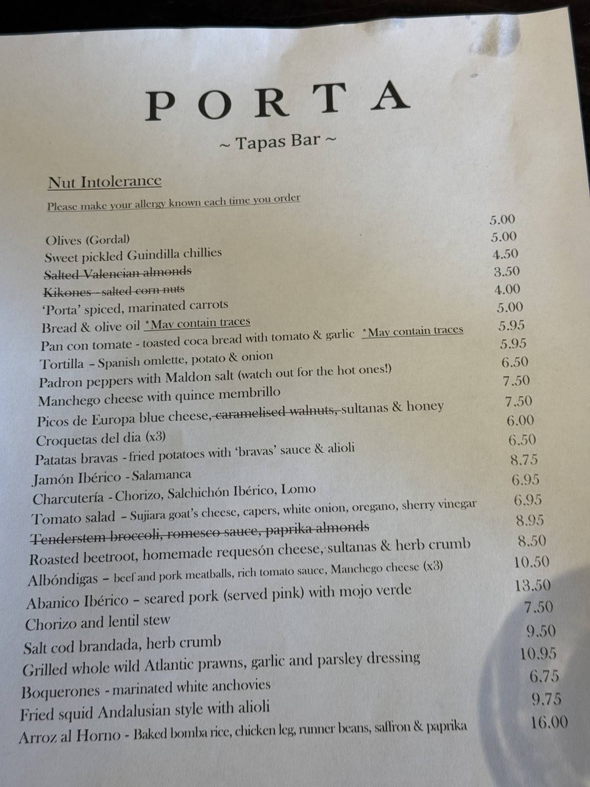 Porta Tapas Bar меню