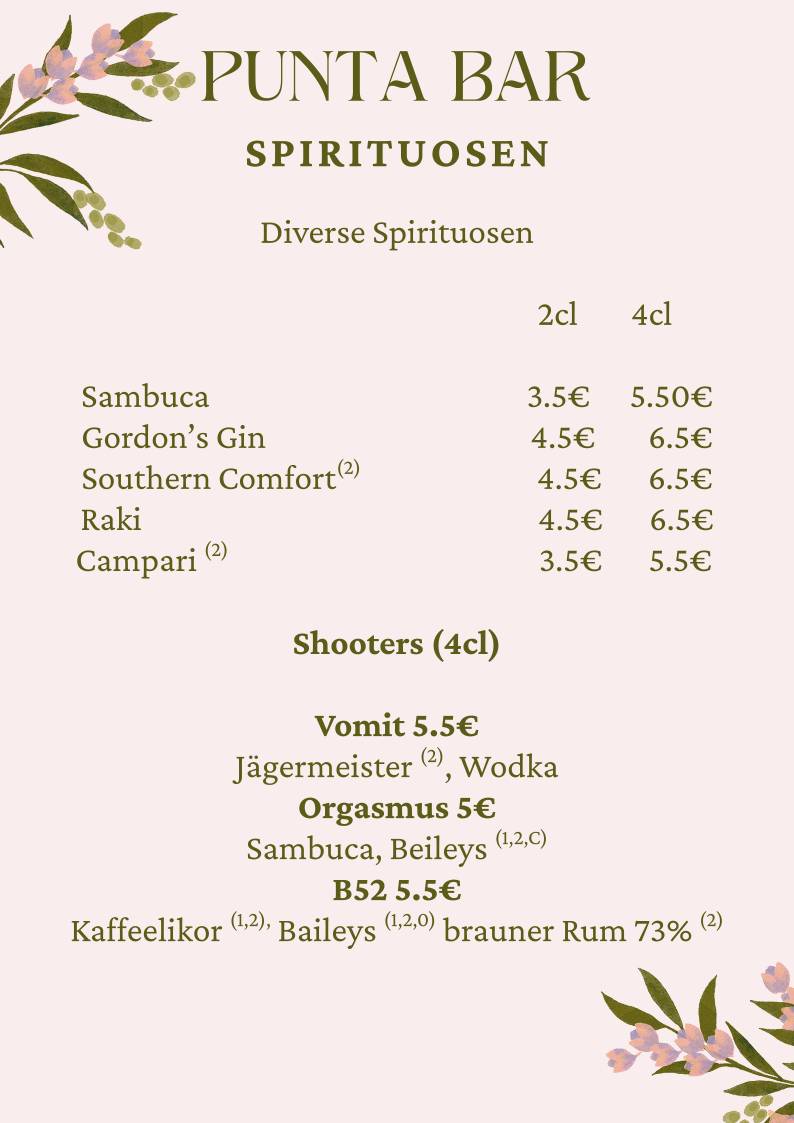 Punta Sportsbar & Cafè меню
