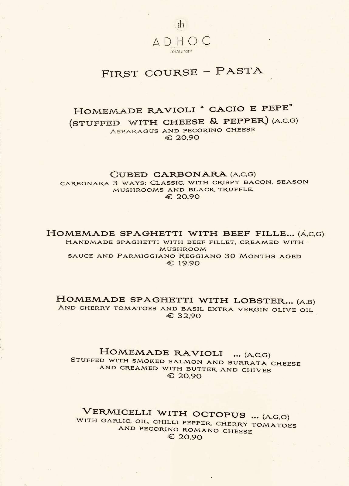 Ristorante Ad Hoc меню