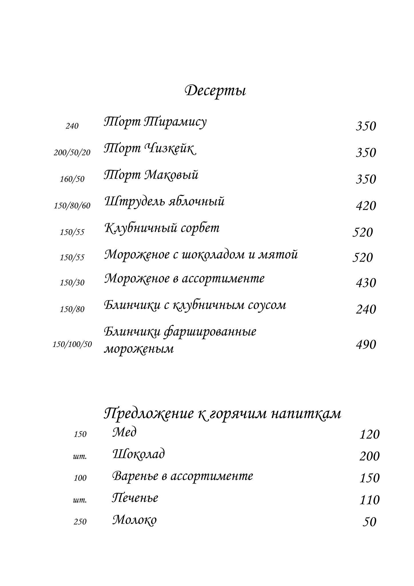 Спортинг-клуб Москва, кафе меню