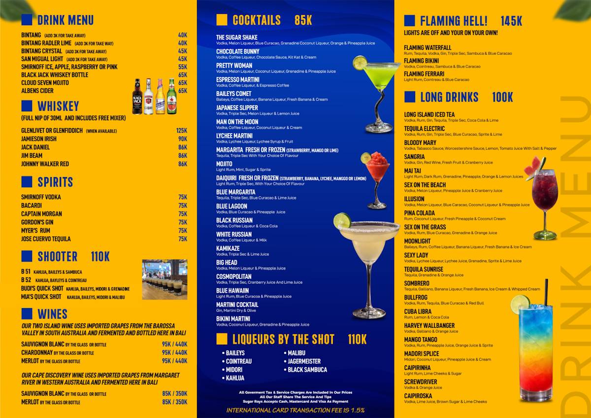 Sugar Rays Bar & Restaurant меню