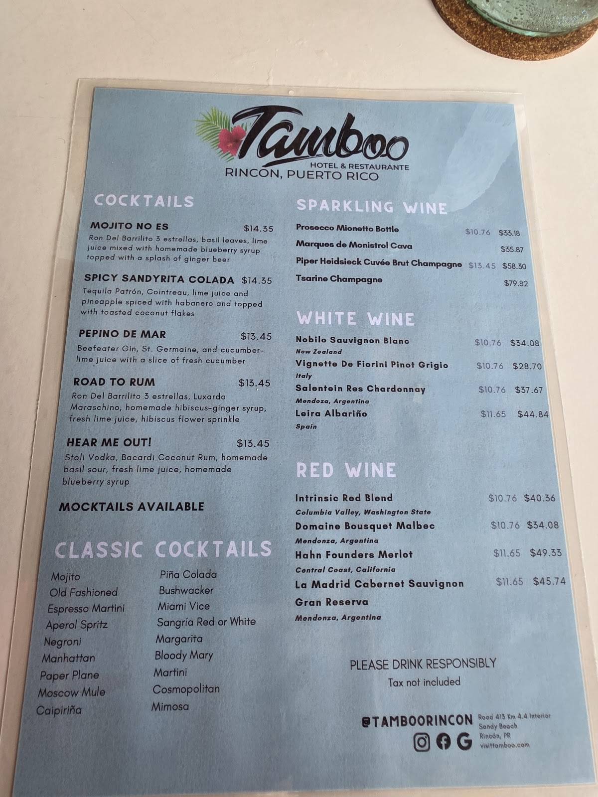 Tamboo Rincon меню