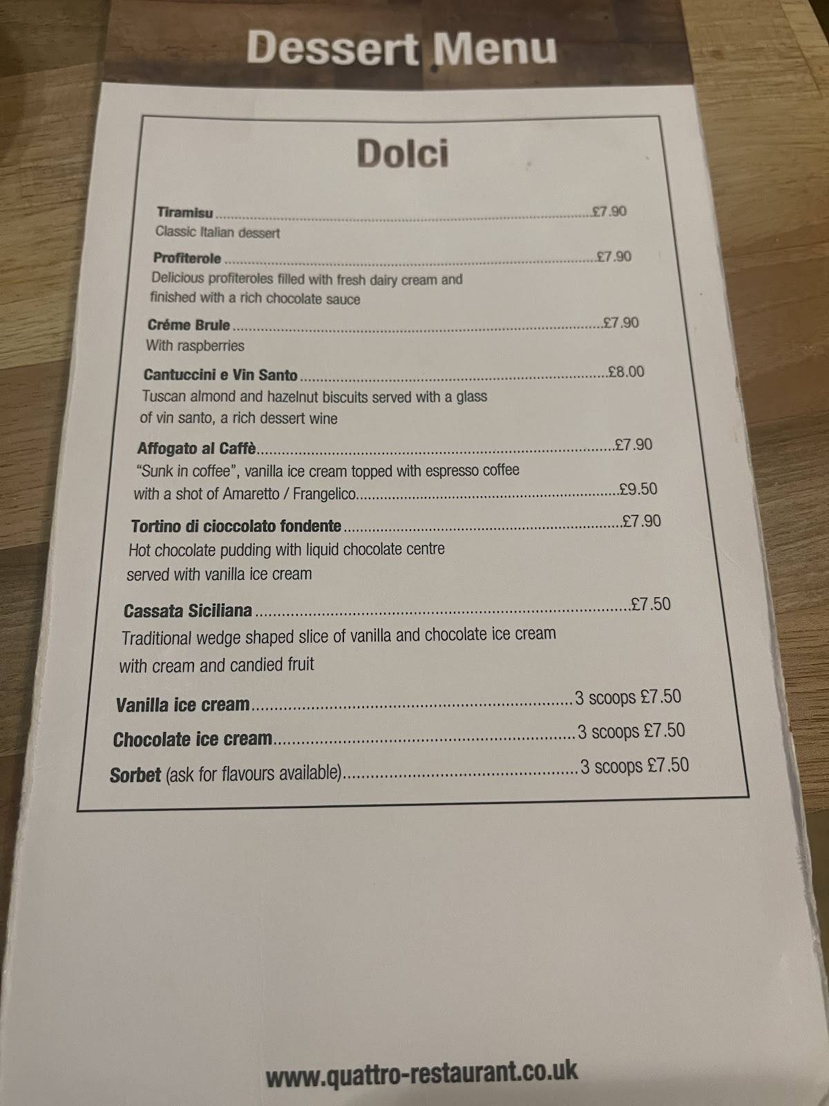 Quattro Italian Restaurant меню
