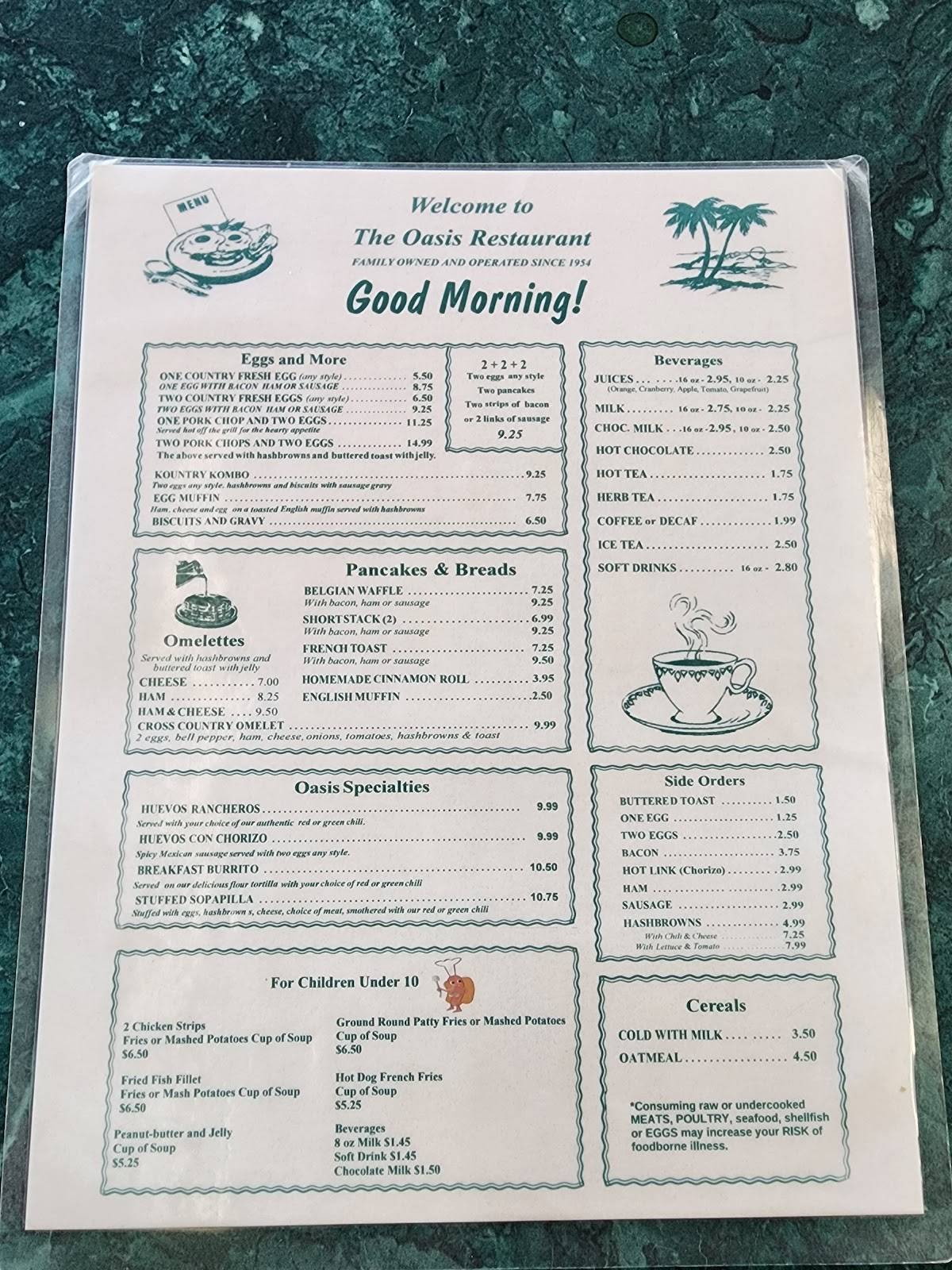 Oasis Restaurant and Motel меню