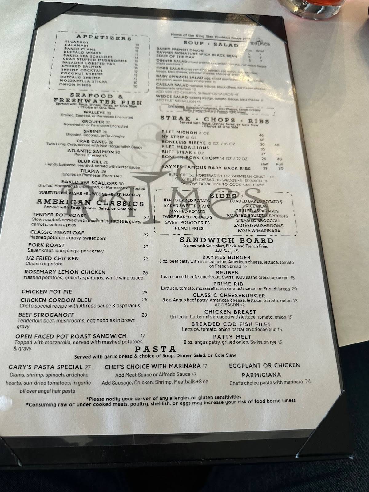 Raymes Steak & Fish House меню