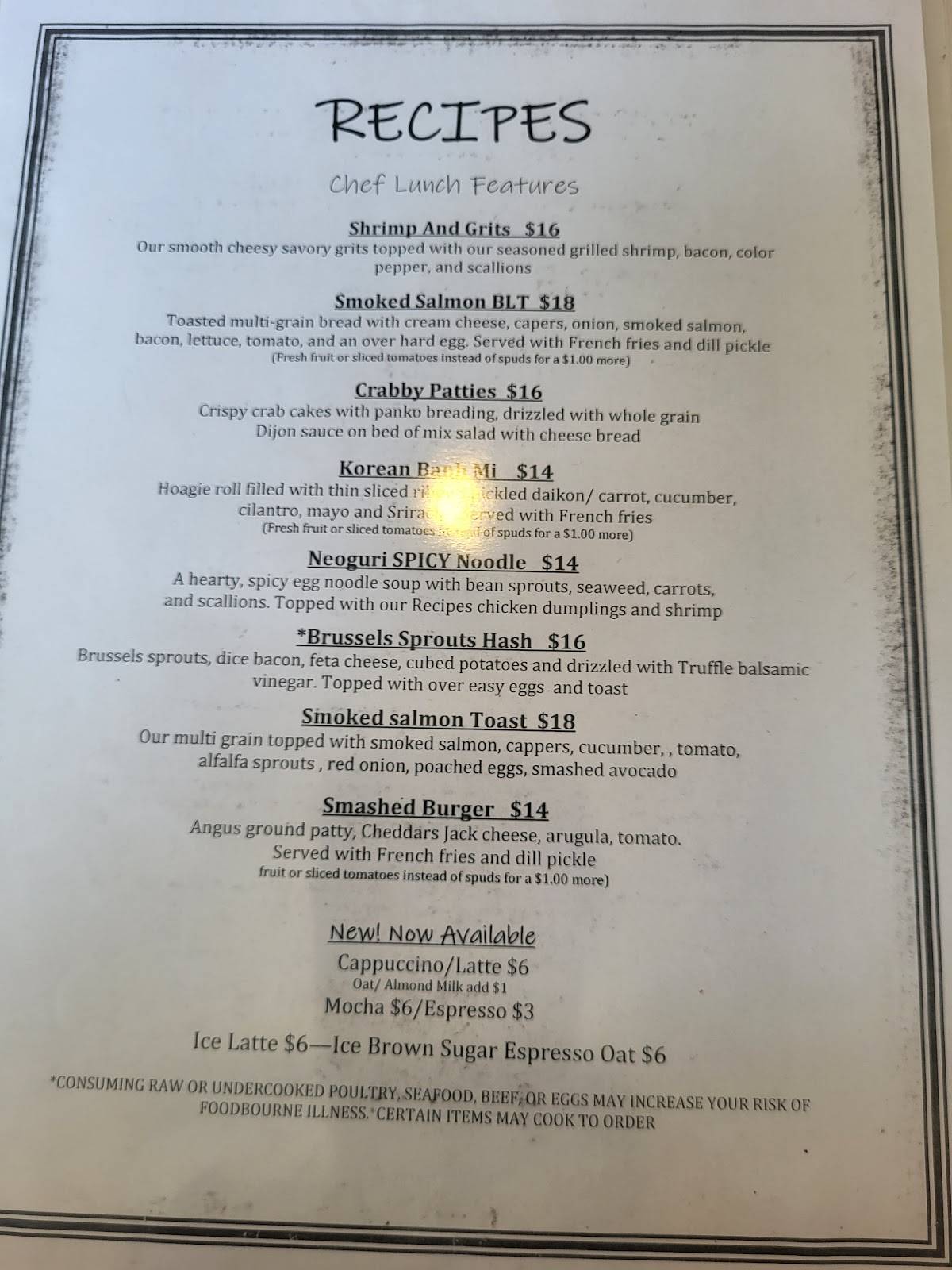 Recipes Restaurant меню
