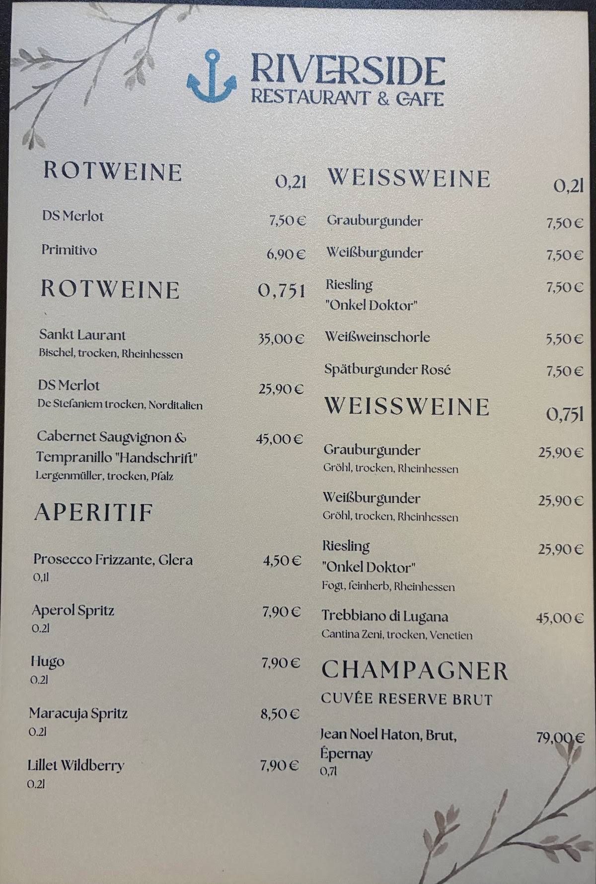 Riverside Restaurant & Cafe меню