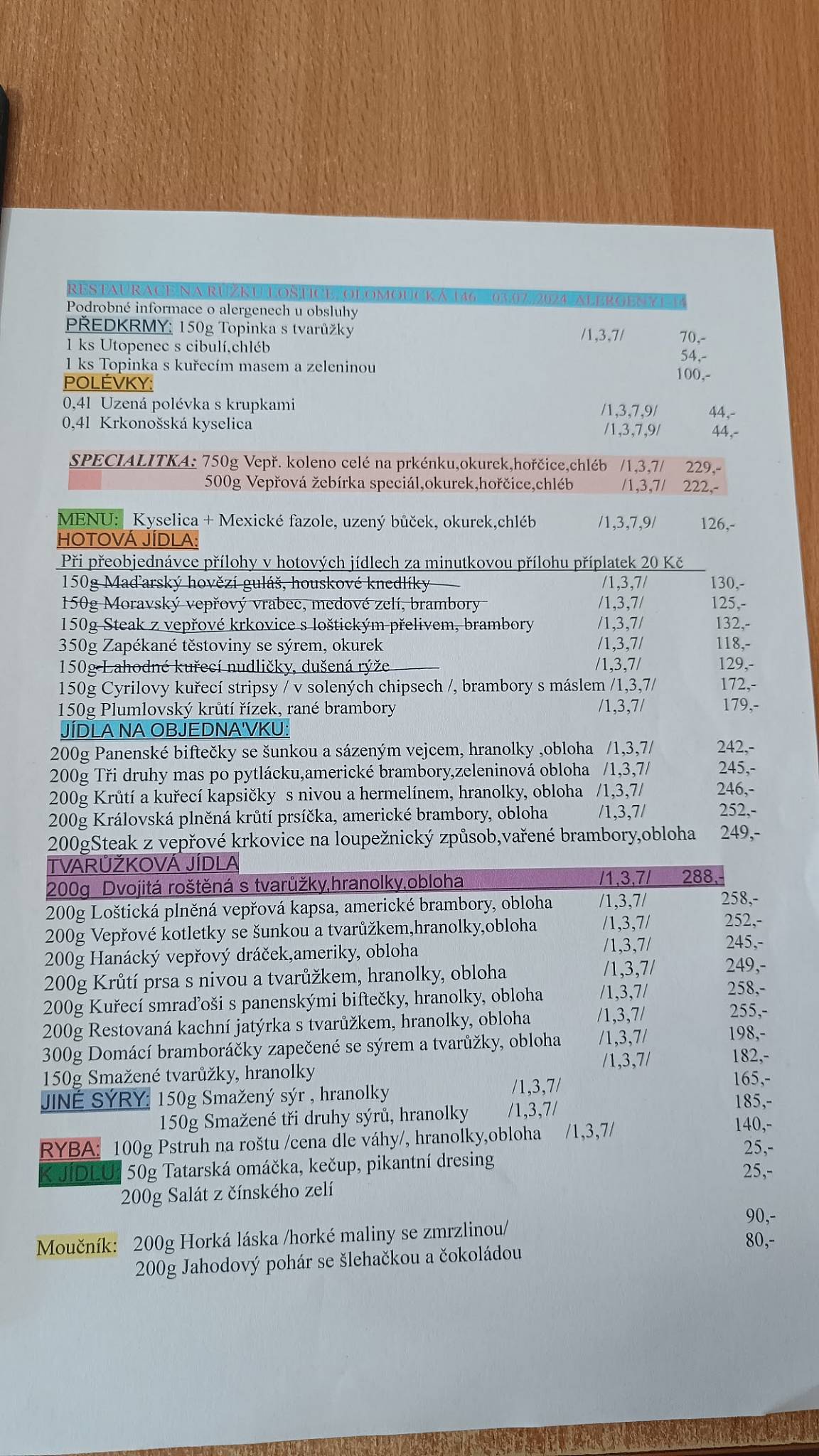 Restaurace Na Růžku меню