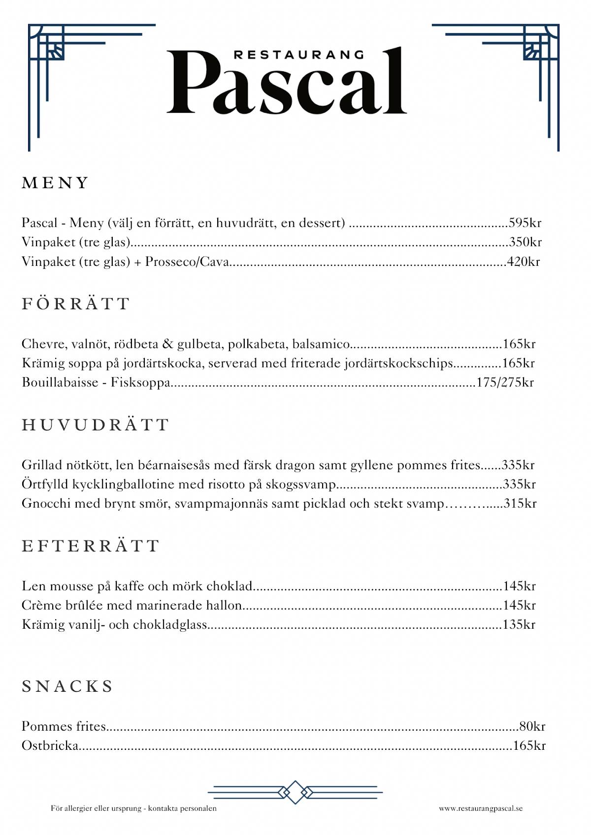 Restaurang Pascal меню
