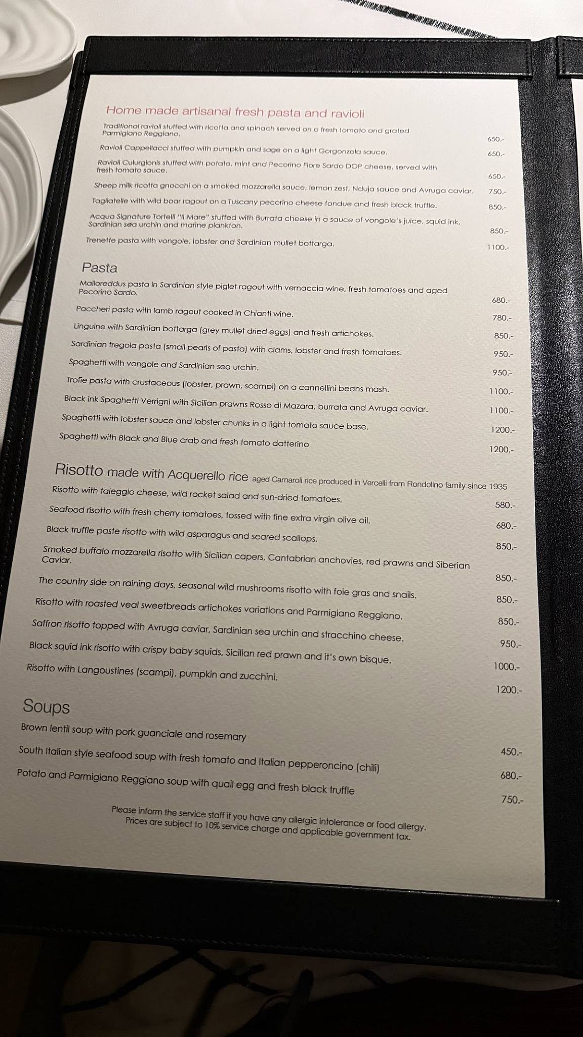 Acqua Italian Dining Restaurant Bangkok меню