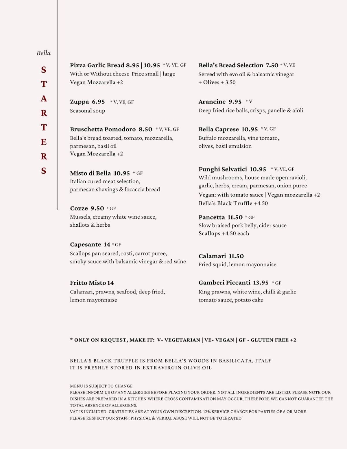 Bella Restaurant Ltd меню